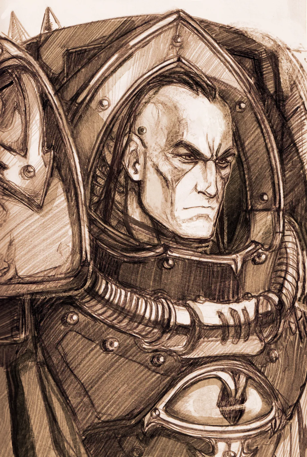 Ezekyle Abaddon in his Heresy-era armor, the Eye of Horus on his breastplate, before the black of the Despoiler