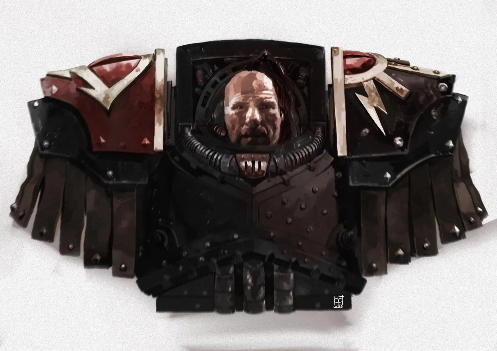 Ezekyle Abaddon as First Captain of the Sons of Horus, topknot and dark armor marked with the Legion's heraldry