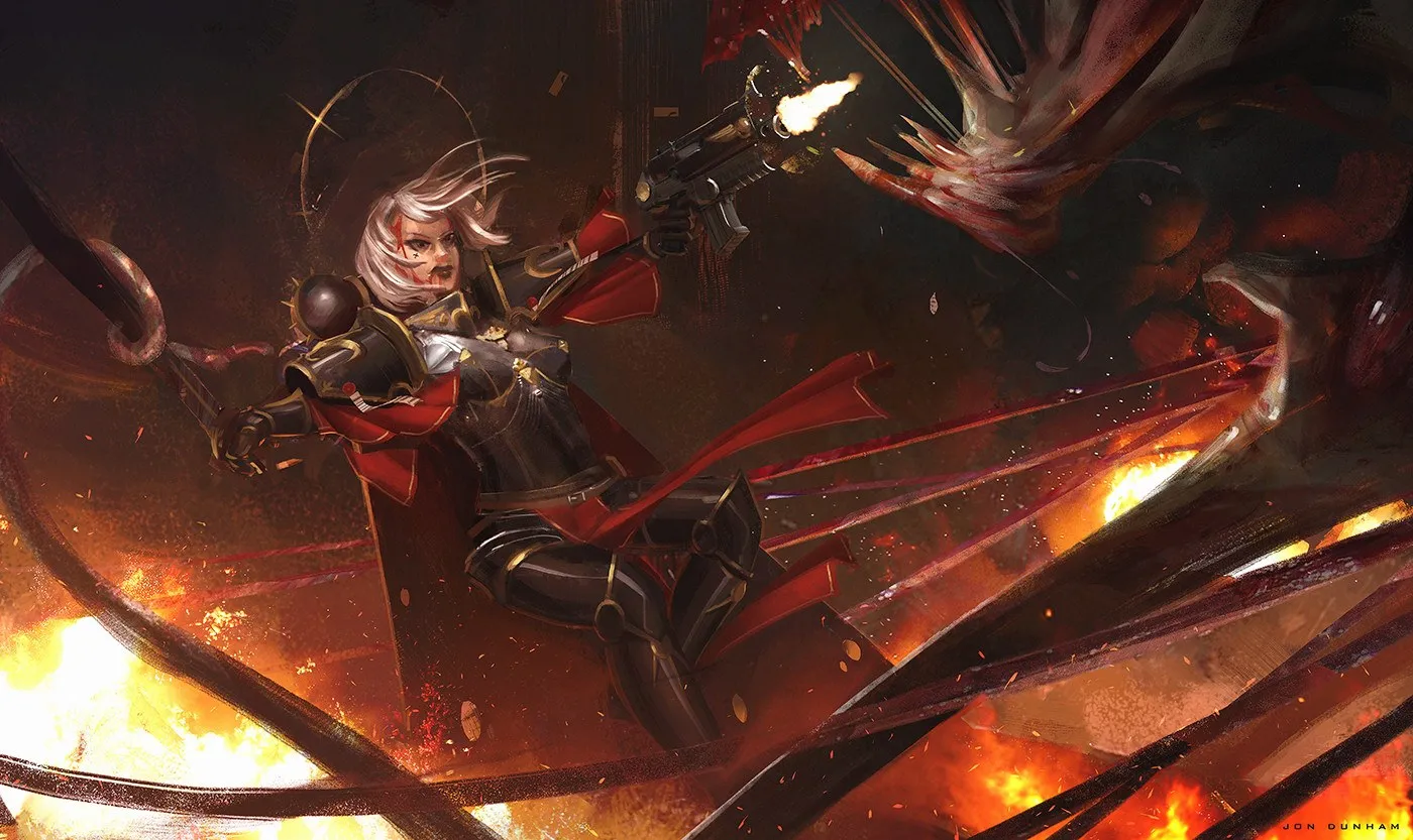 A haloed Battle Sister fires her bolter into a lunging, clawed monstrosity amid fire and wreckage