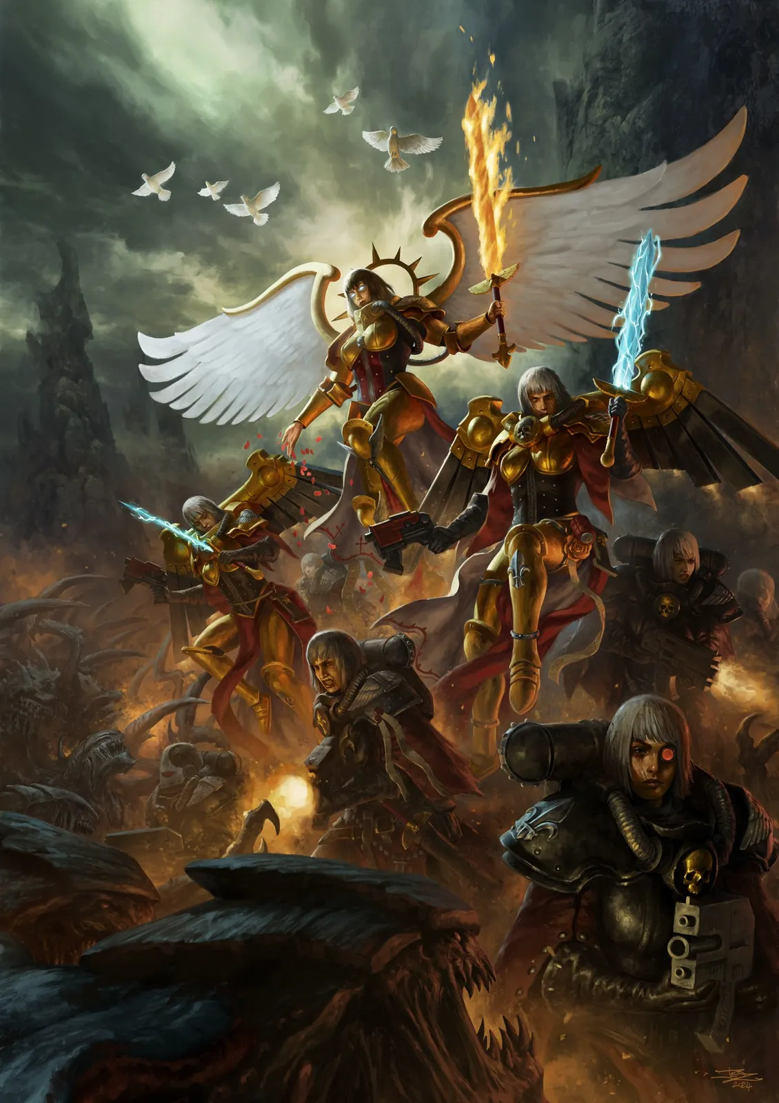Saint Celestine, winged and wielding a burning sword, leads her Geminae and a squad of Battle Sisters into the fray