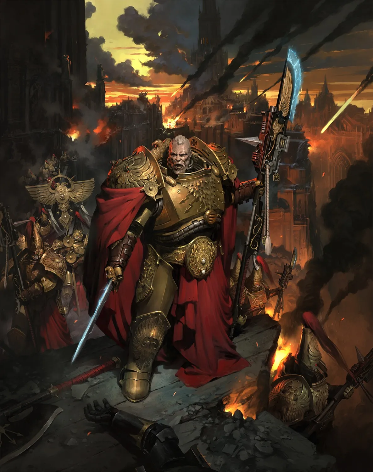 A bareheaded Custodian Shield-Captain in gold armor and a red cloak strides through a burning city, guardian spear and blade in hand, with golden warriors behind him