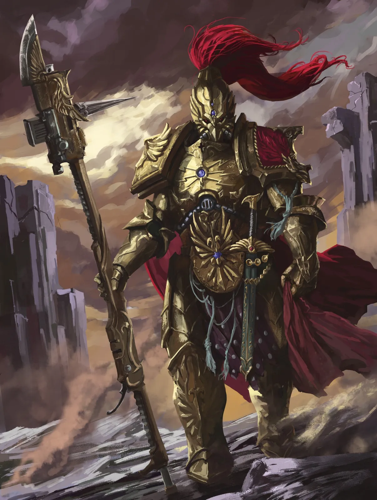 A Custodian in ornate gold armor, plumed helm and red cloak, guardian spear in hand, walks out of a storm across a ruined battlefield