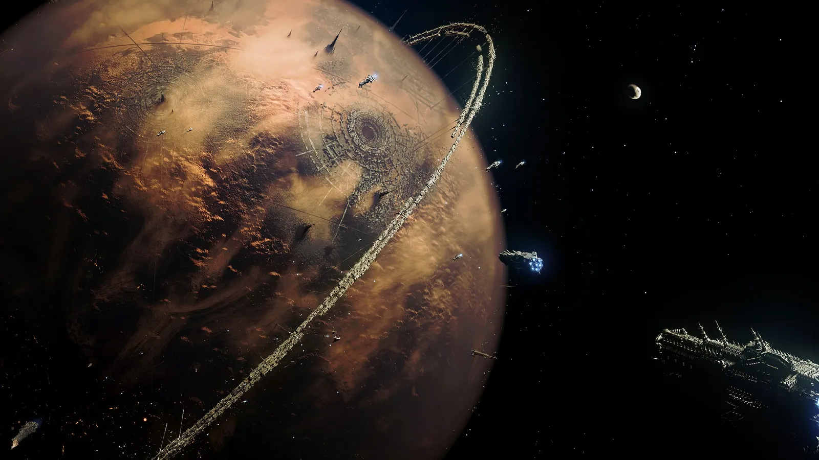 Mars, the Red Planet, ringed by orbital shipyards as Imperial vessels pass