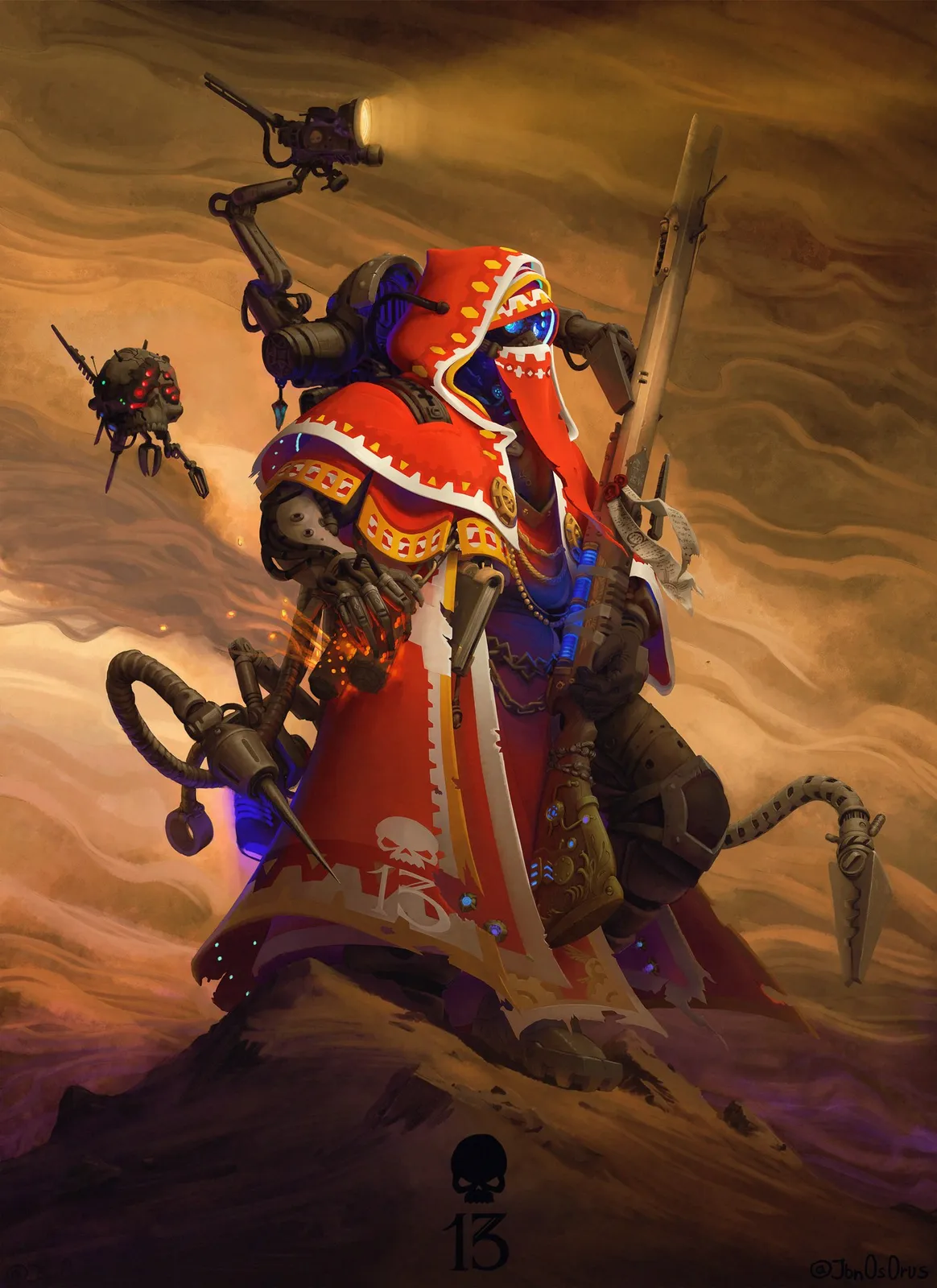 A red-robed Tech-Priest, mechadendrites and servo-arm raised, stands amid swirling dust with a servo-skull at his side