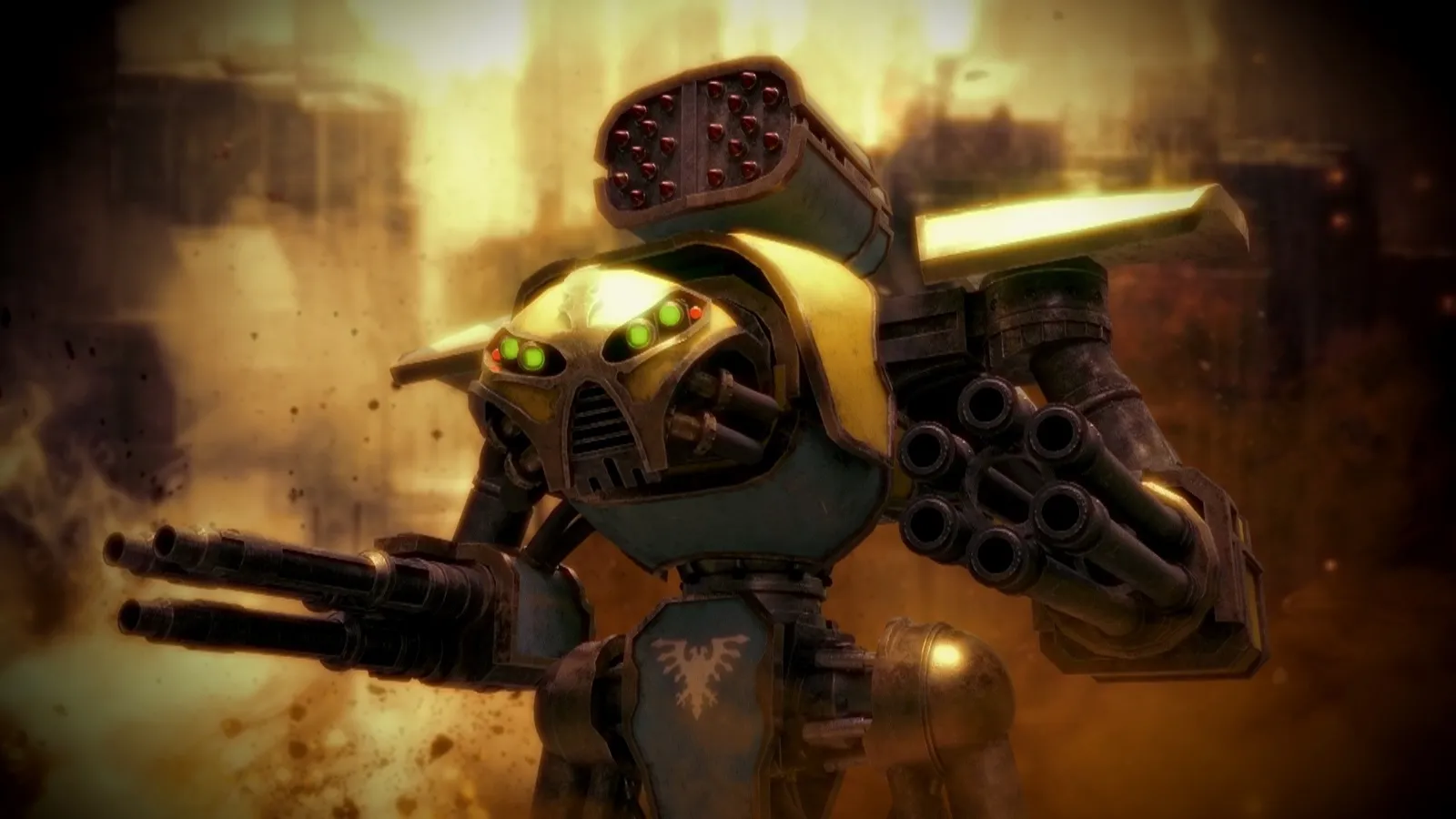 A Reaver Titan of Legio Gryphonicus, its yellow carapace bearing a griffon emblem, strides through smoke and fire with gatling and missile weapons raised