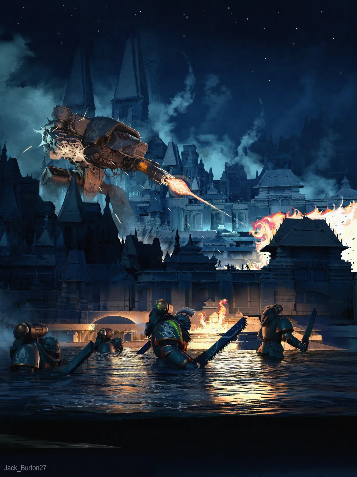 At night, a Warhound Titan strides over a burning city while Space Marines wade through the flooded streets below
