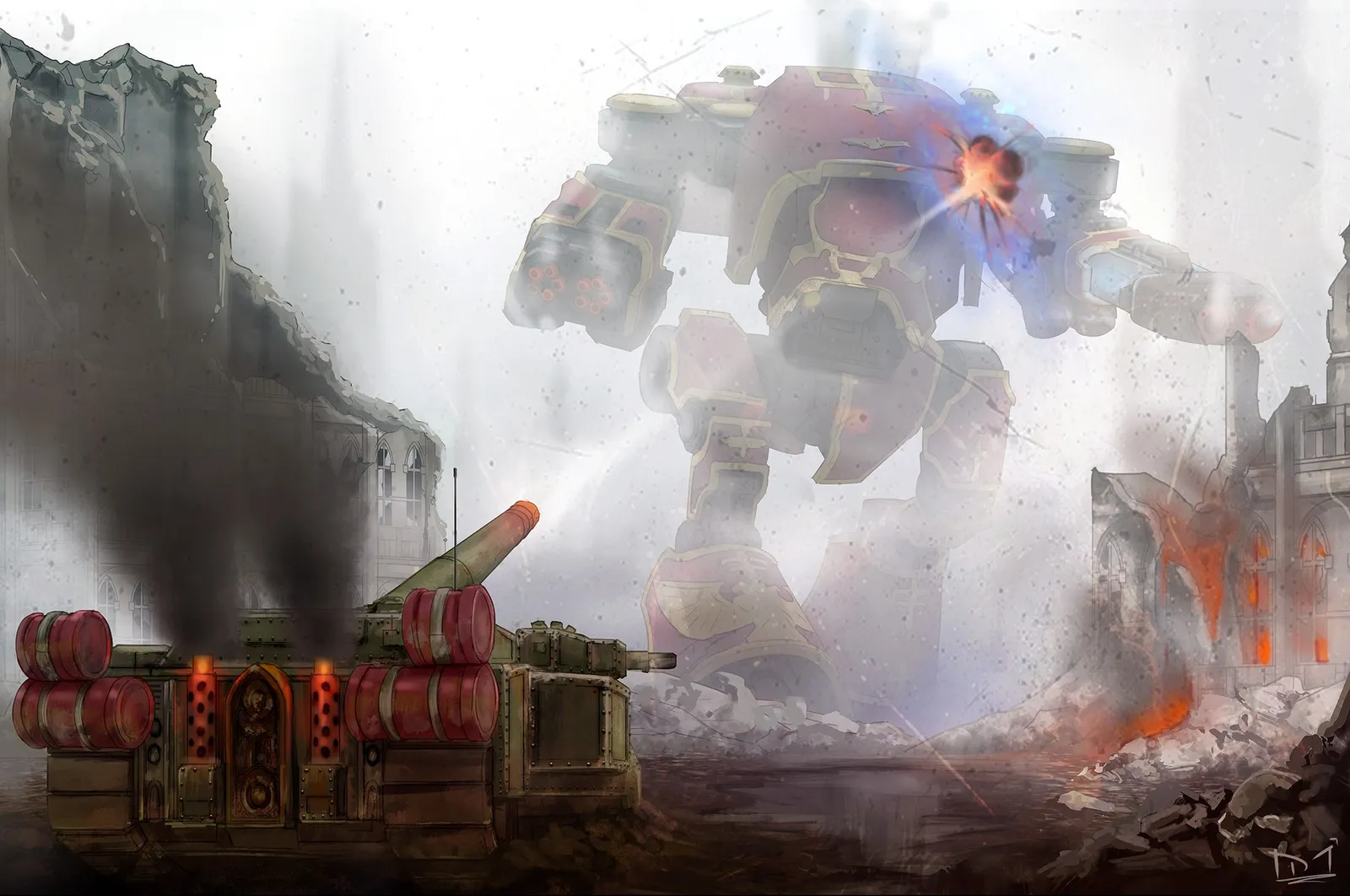 A Warhound Titan looms through smoke and dust over a burning city as a lone tank turns its gun toward it