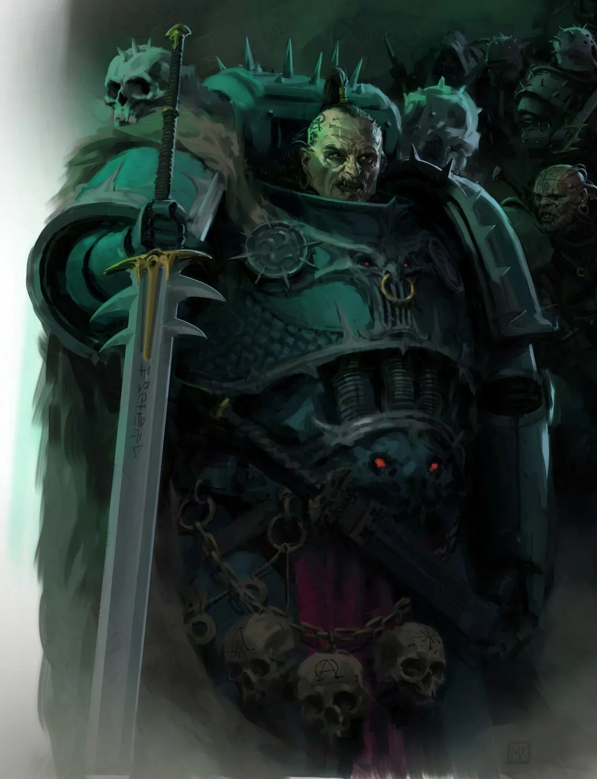 An Alpha Legion champion in scaled teal armor, hung with skulls and wielding a runed greatsword, stands before a crowd of cultists
