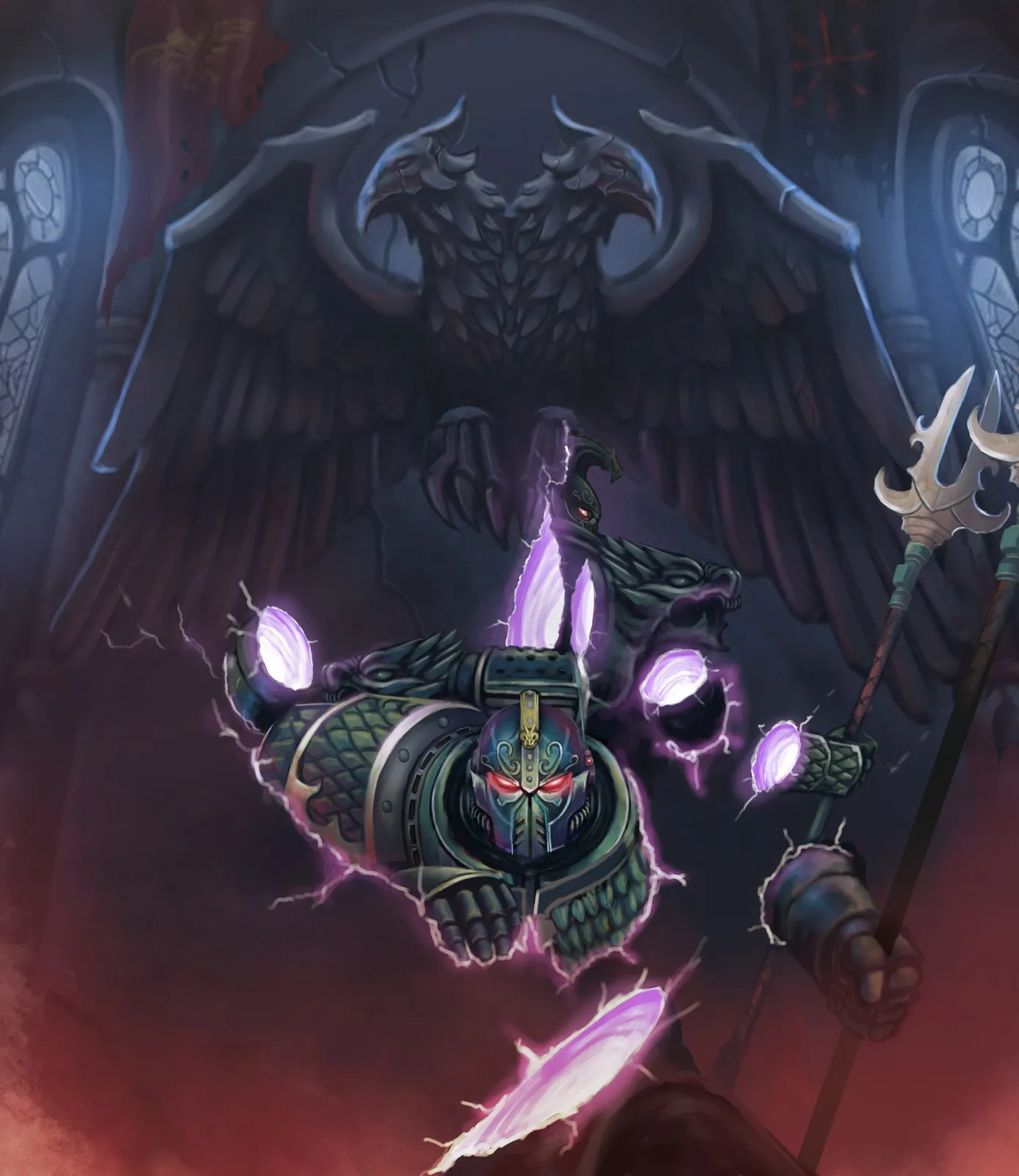 One of the twin Primarchs, Alpharius or Omegon, wreathed in warp lightning and holding a trident spear beneath a ruined Imperial eagle