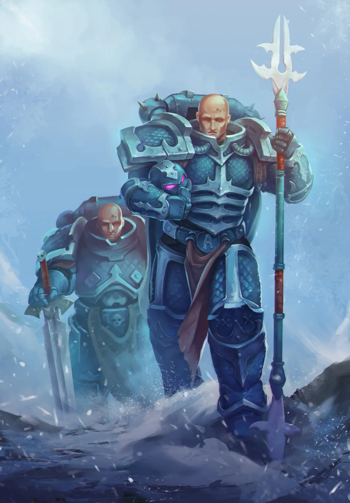 Alpharius and Omegon, identical bald Primarchs in scaled blue Alpha Legion armor, march through a snowstorm, one carrying a long spear and the other a sword