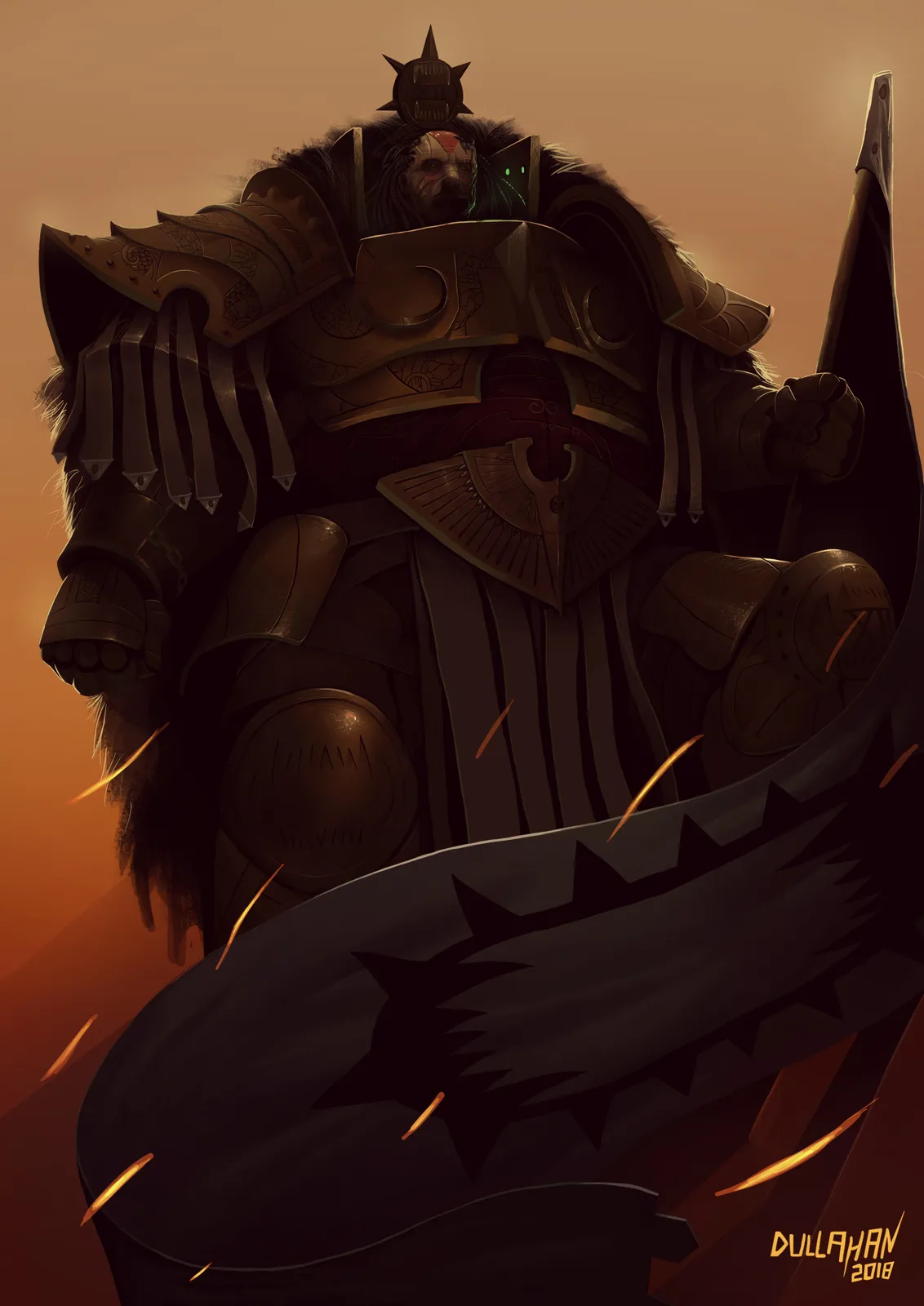 Angron, Primarch of the World Eaters, stands in heavy armor and a fur mantle against a blood-orange sky, his face half-hidden in shadow