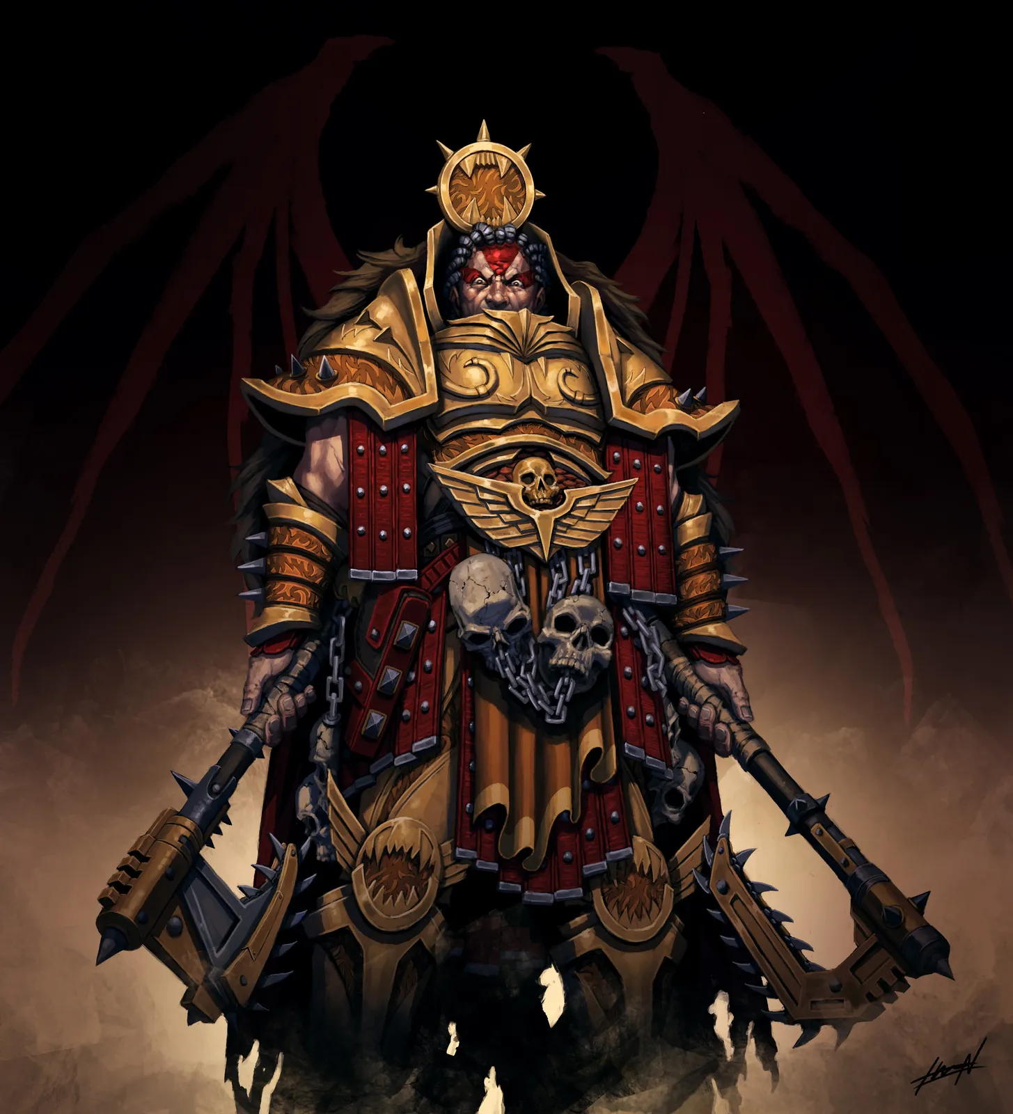 Angron in gold armor with a skull-crowned halo and shadowy wings behind him, a chainaxe in each hand and skulls chained to his belt