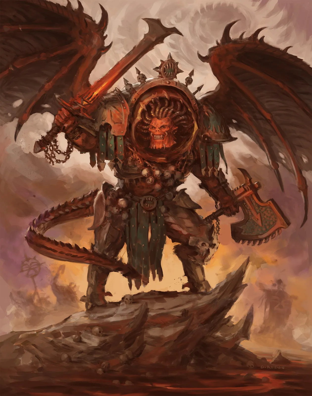 Angron as the winged Daemon Primarch of Khorne, a brass collar around his snarling face, a chainaxe in one hand and a burning sword in the other