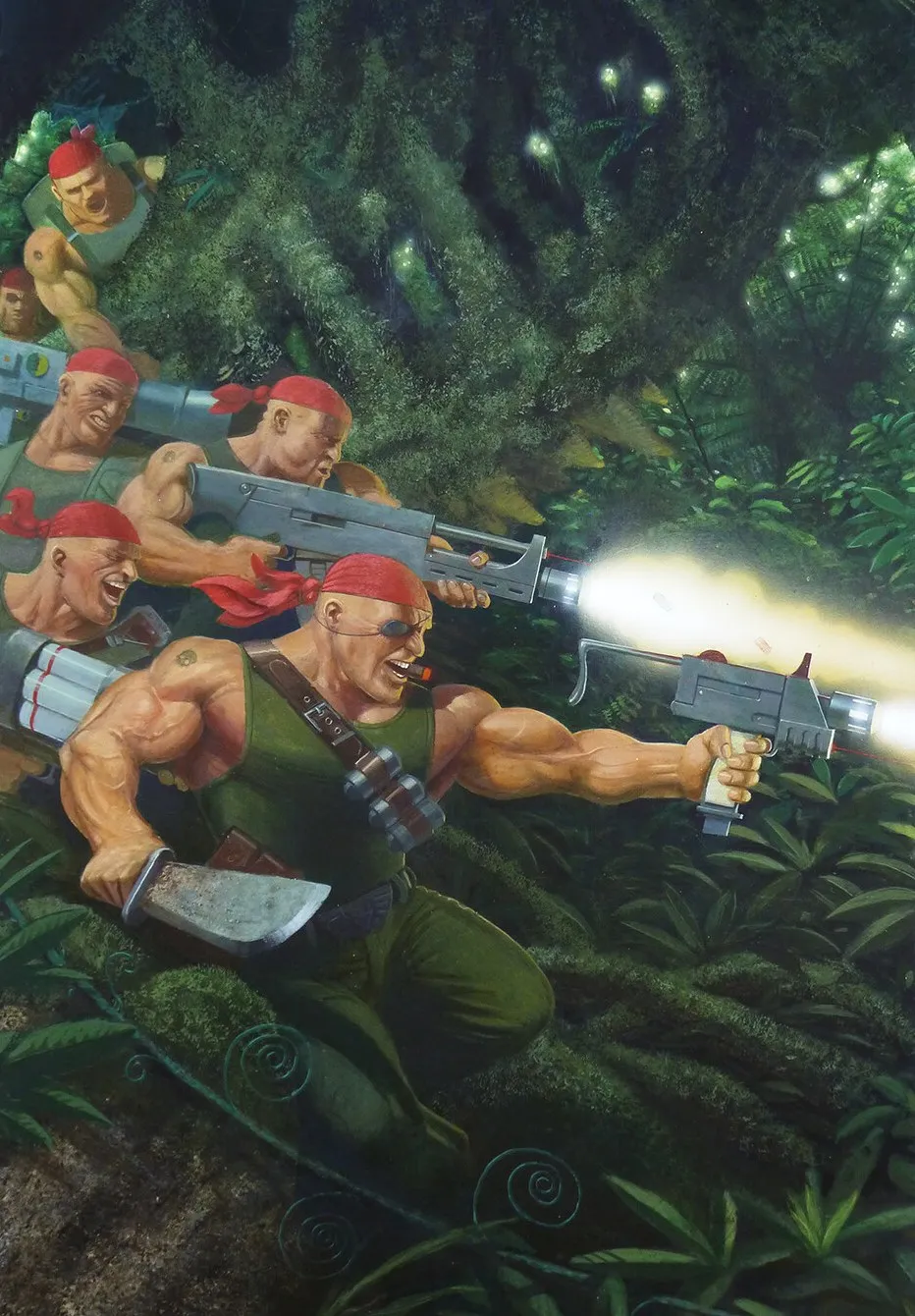 Red-bandanna Catachan Jungle Fighters burst from dense jungle, firing as they charge