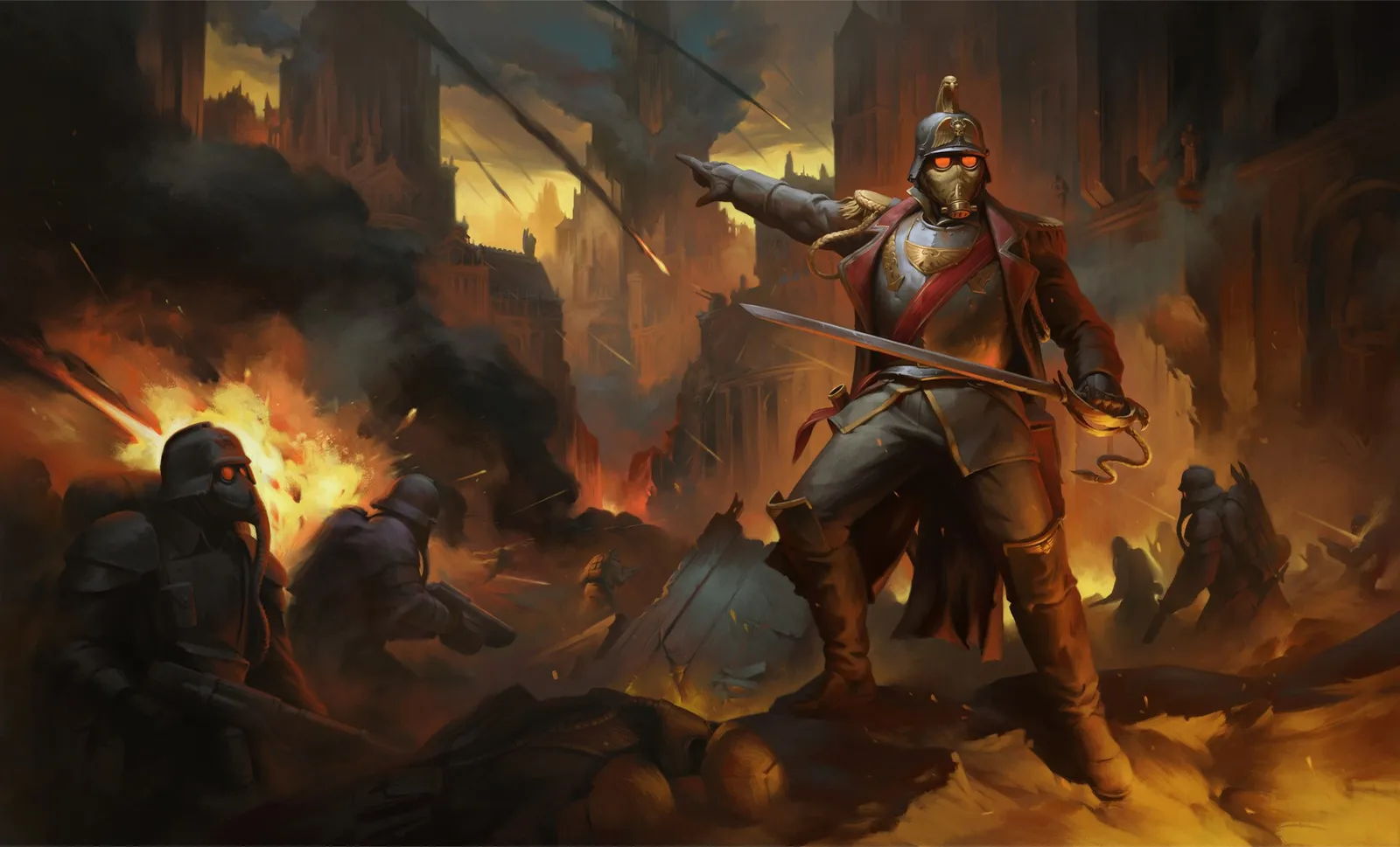 A Death Korps of Krieg officer, saber in hand, directs his gas-masked troops through a burning city