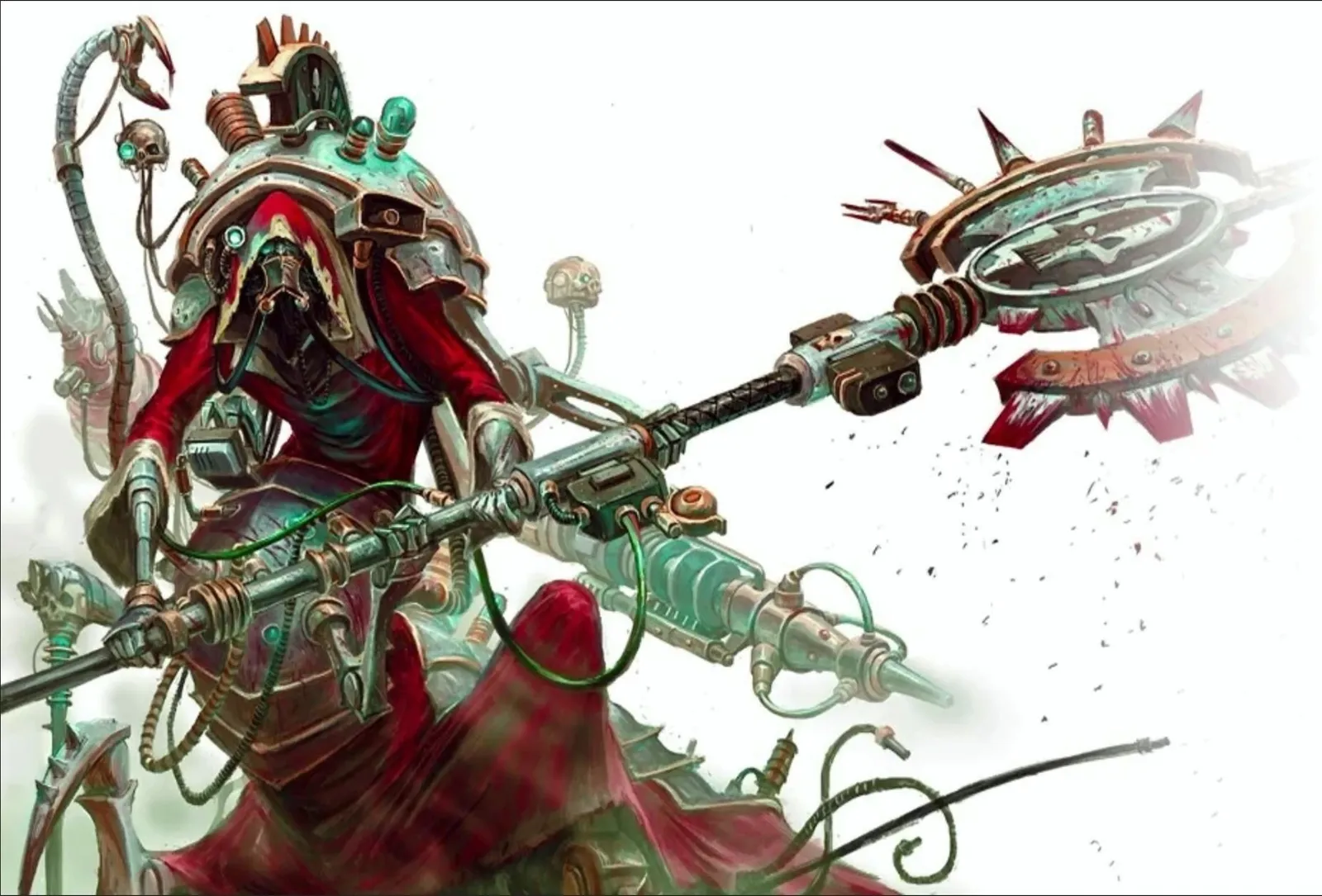 Belisarius Cawl in crimson robes wields his great Omnissian axe, rendered in 3D (fan art)