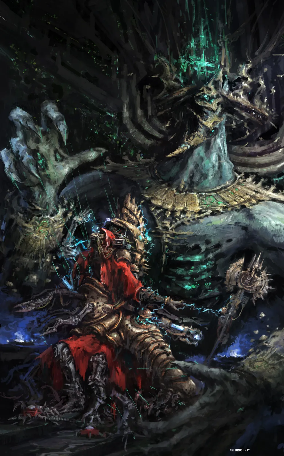 Belisarius Cawl in red robes confronts the towering C'tan Zarhulash in a dark Necron vault (fan art)