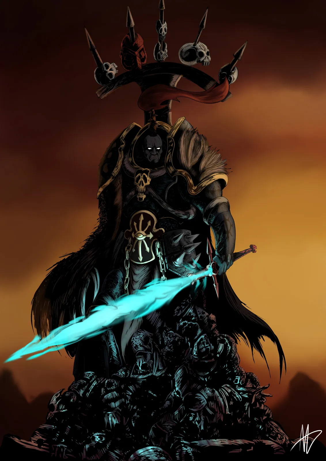 Abaddon the Despoiler stands atop a mound of fallen enemies, with Drach'nyen burning blue in his hand