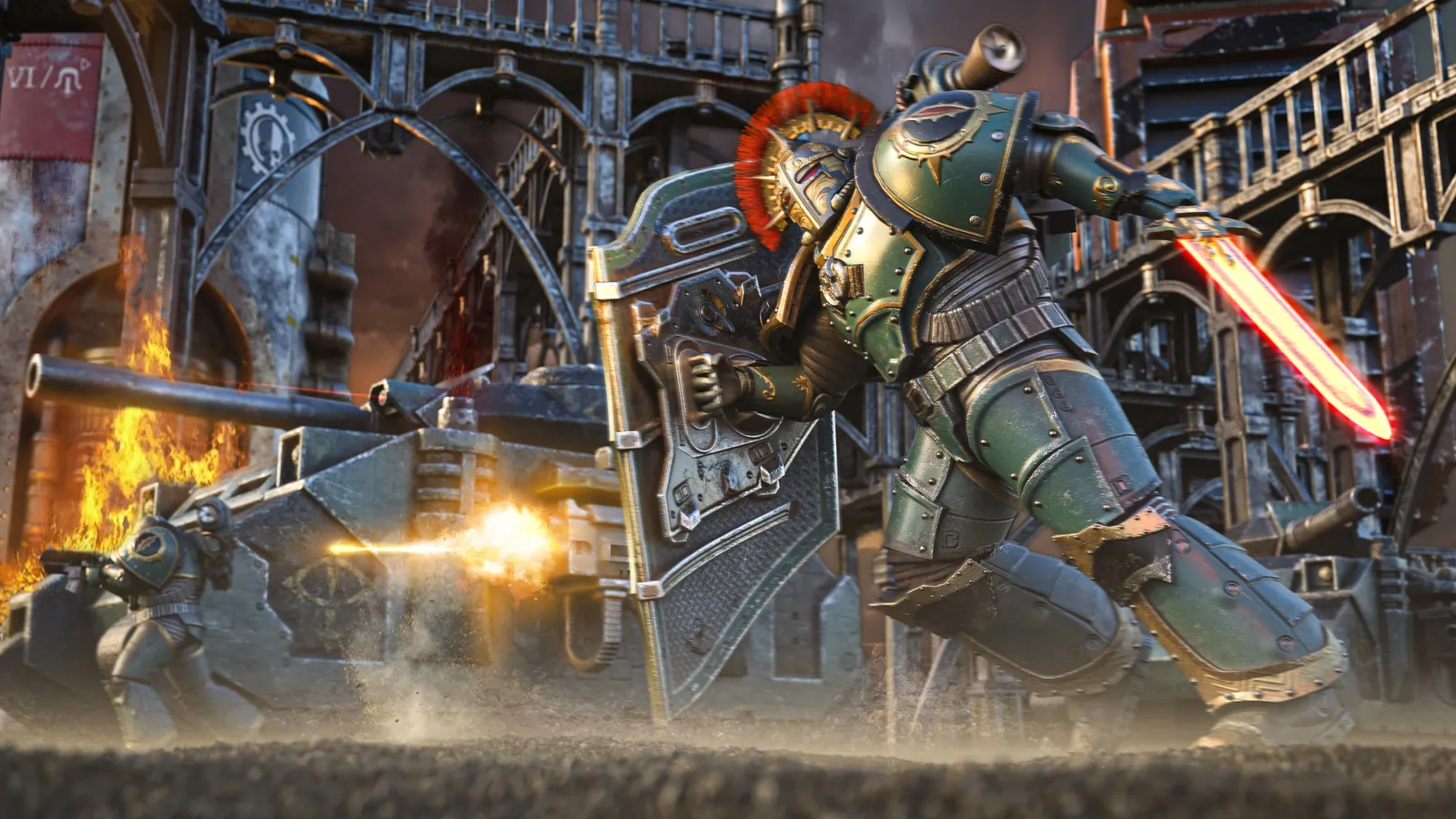 Before the black: a Sons of Horus officer in the sea-green of the Horus Heresy era charges behind a boarding shield