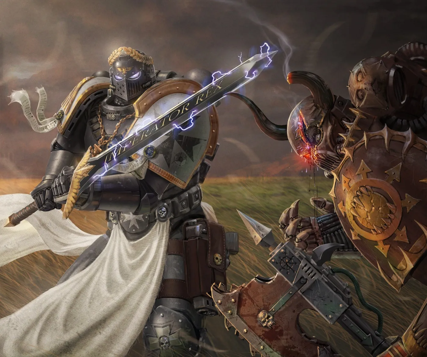 The Black Templars' Emperor's Champion duels a Khorne Berserker in a windswept field
