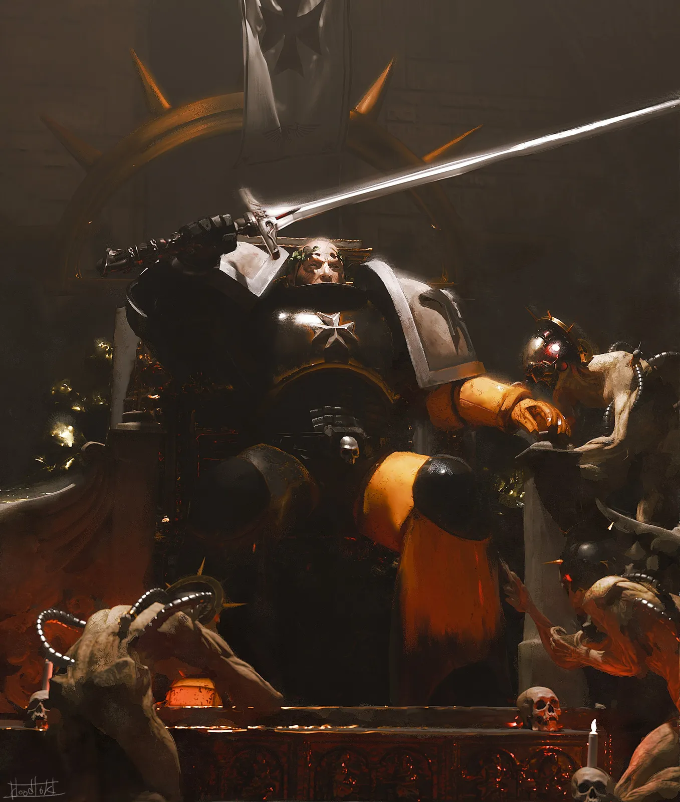 Sigismund raises his blade amid the dead, becoming the first Black Templar during the Heresy
