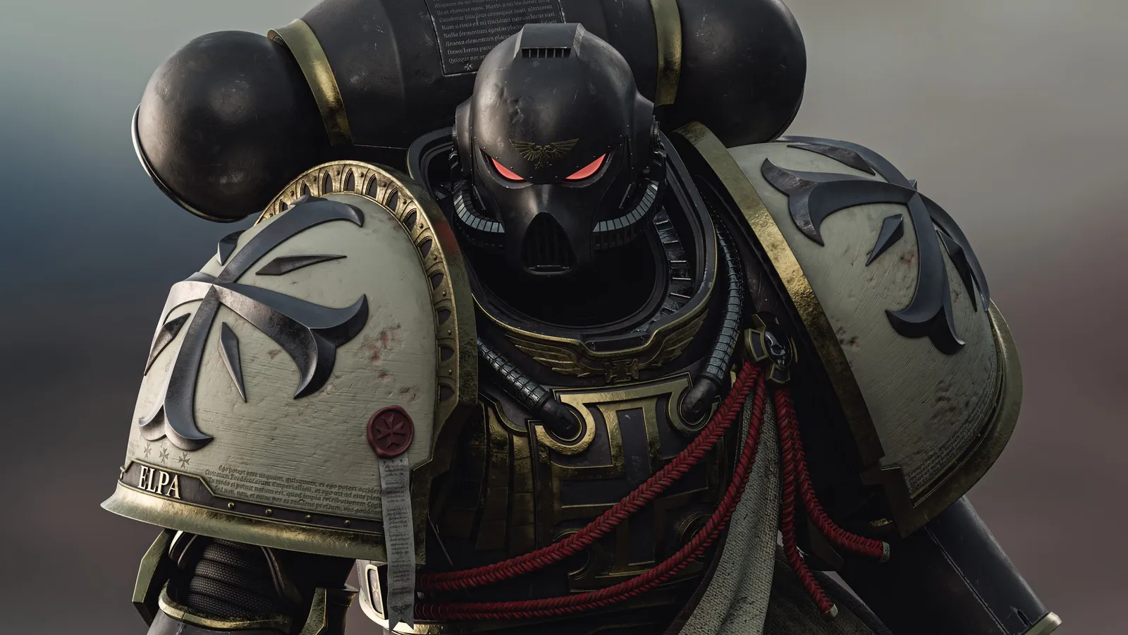 A Black Templar in black armor with a white cross pauldron and red cords