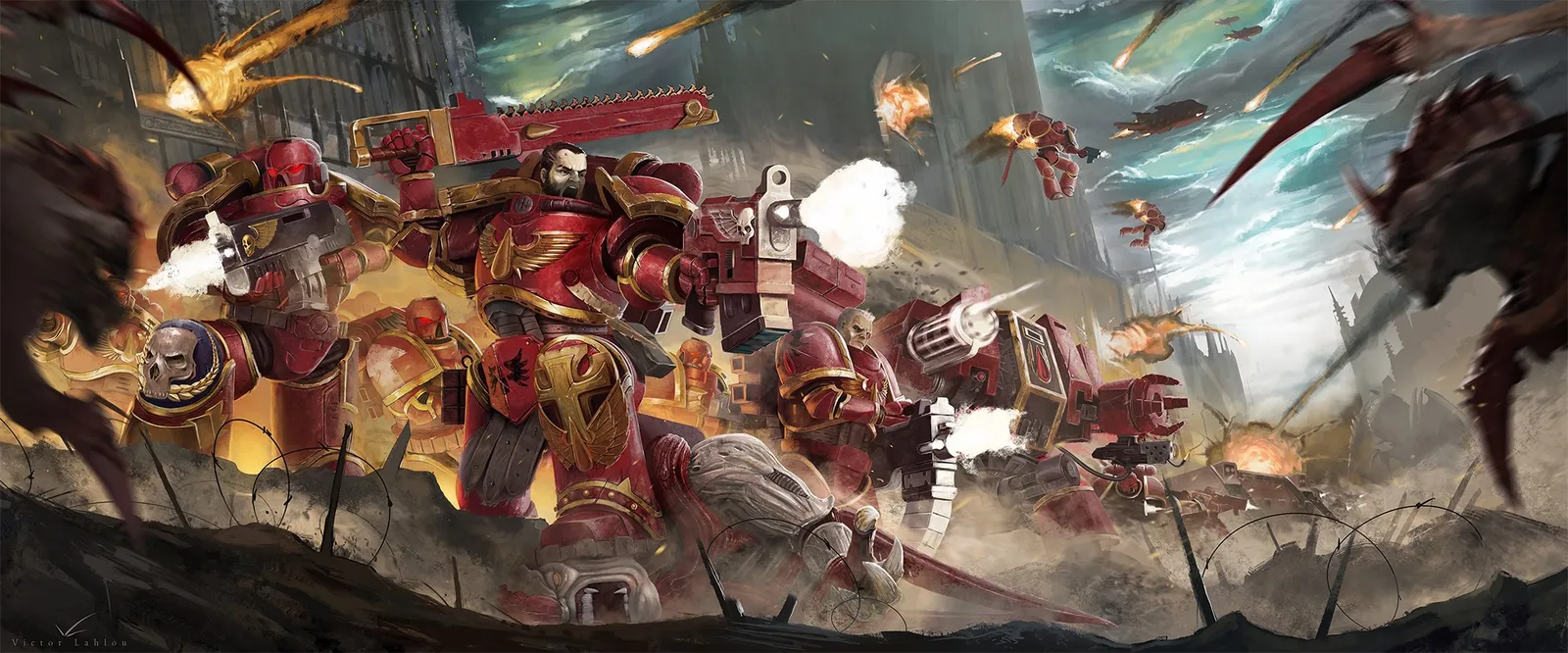 Blood Angels assault squads charge through smoke and fire against a monstrous foe
