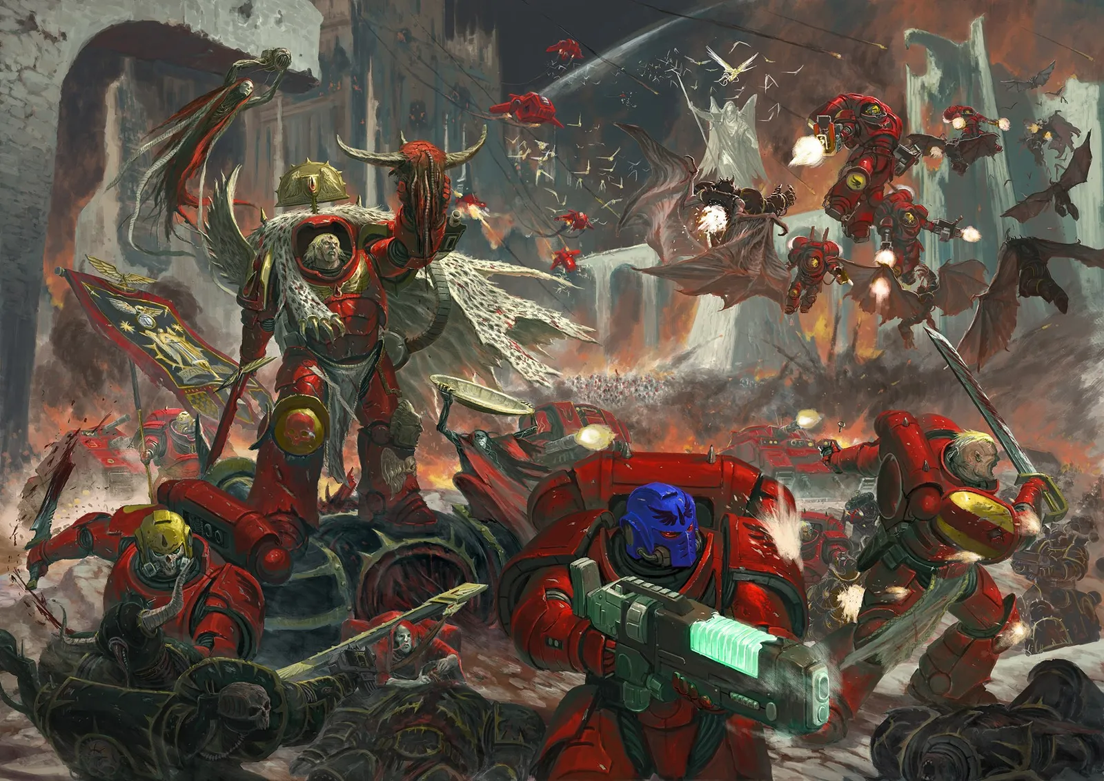A Blood Angels warlord leads his crimson-armored brothers across a ruined battlefield