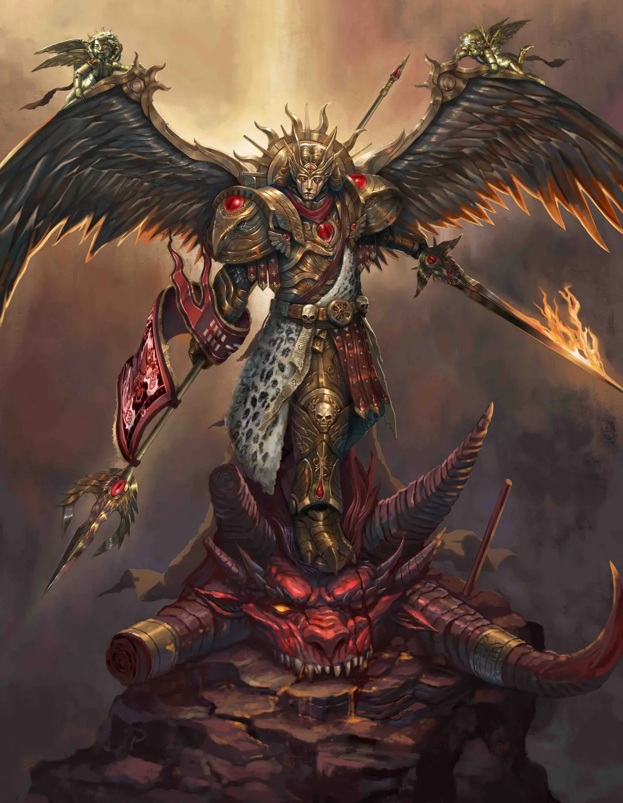 Sanguinius, the winged Primarch of the Blood Angels, stands triumphant over a slain daemon