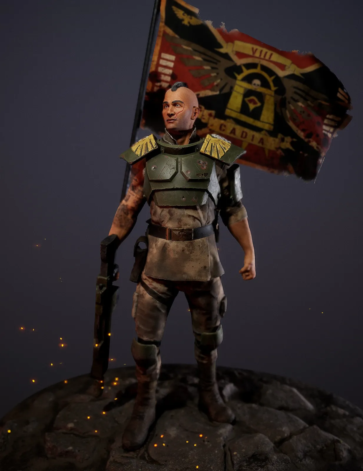 A Cadian Shock Trooper stands beneath the tattered standard of the Cadian 8th regiment