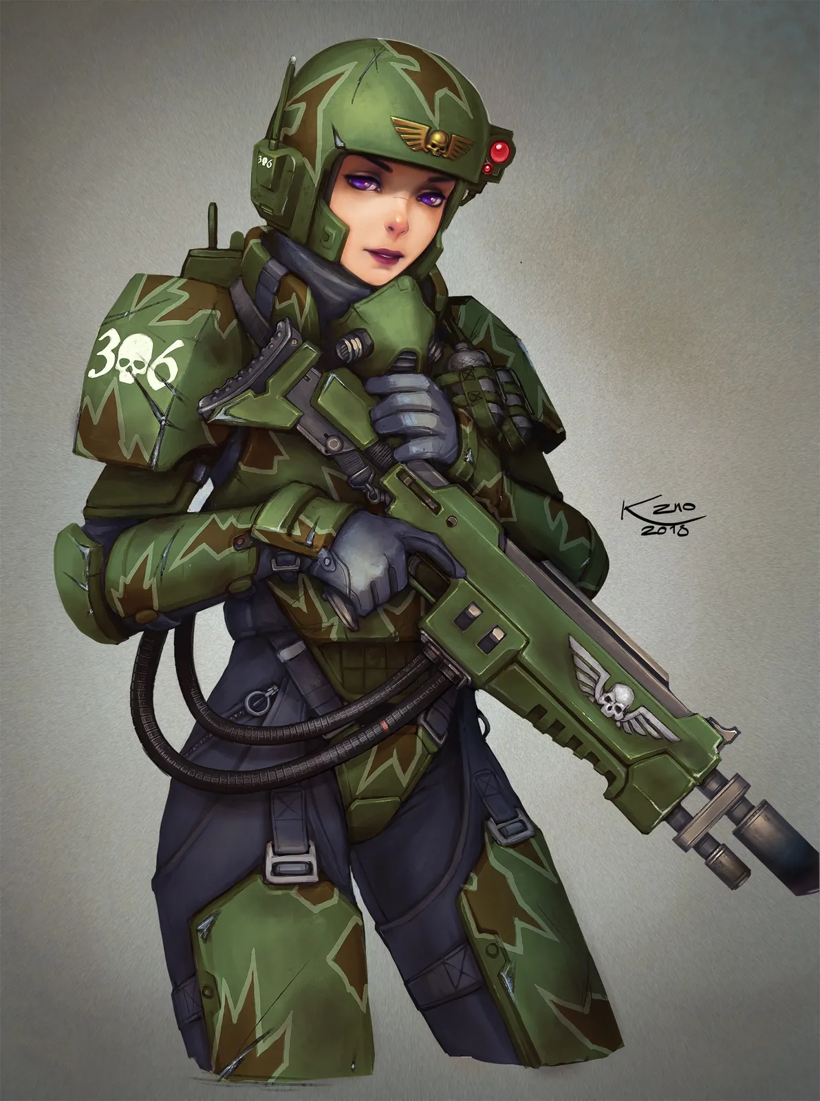 A violet-eyed Cadian Kasrkin trooper in camouflaged carapace armor cradles her hot-shot lasgun