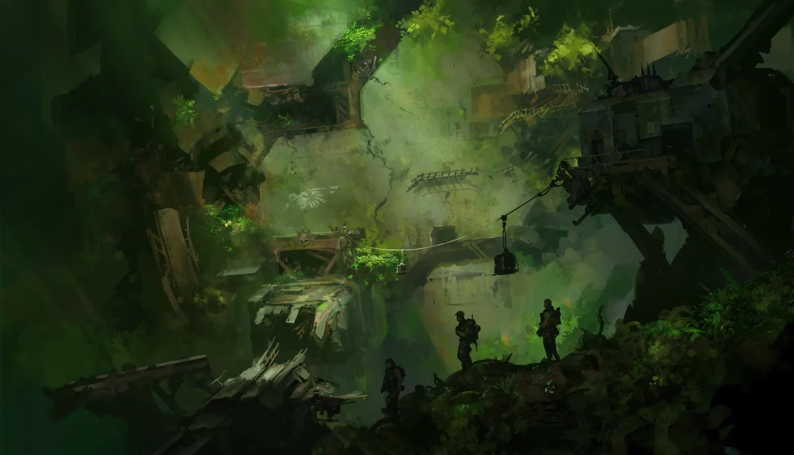 Catachan soldiers pick their way through jungle that has swallowed the ruins of an Imperial settlement