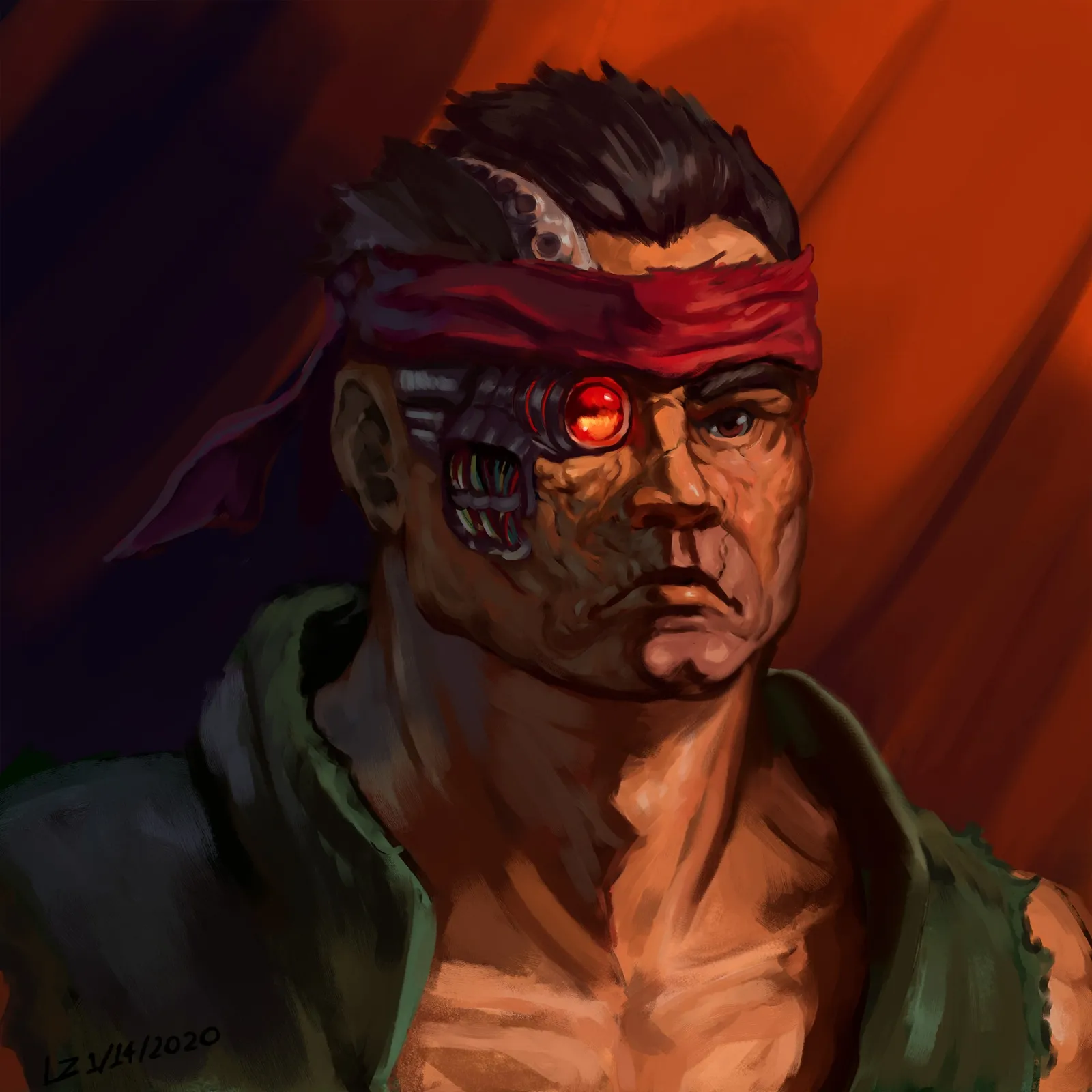 A scarred Catachan veteran in a red bandanna, half his face replaced by bionics