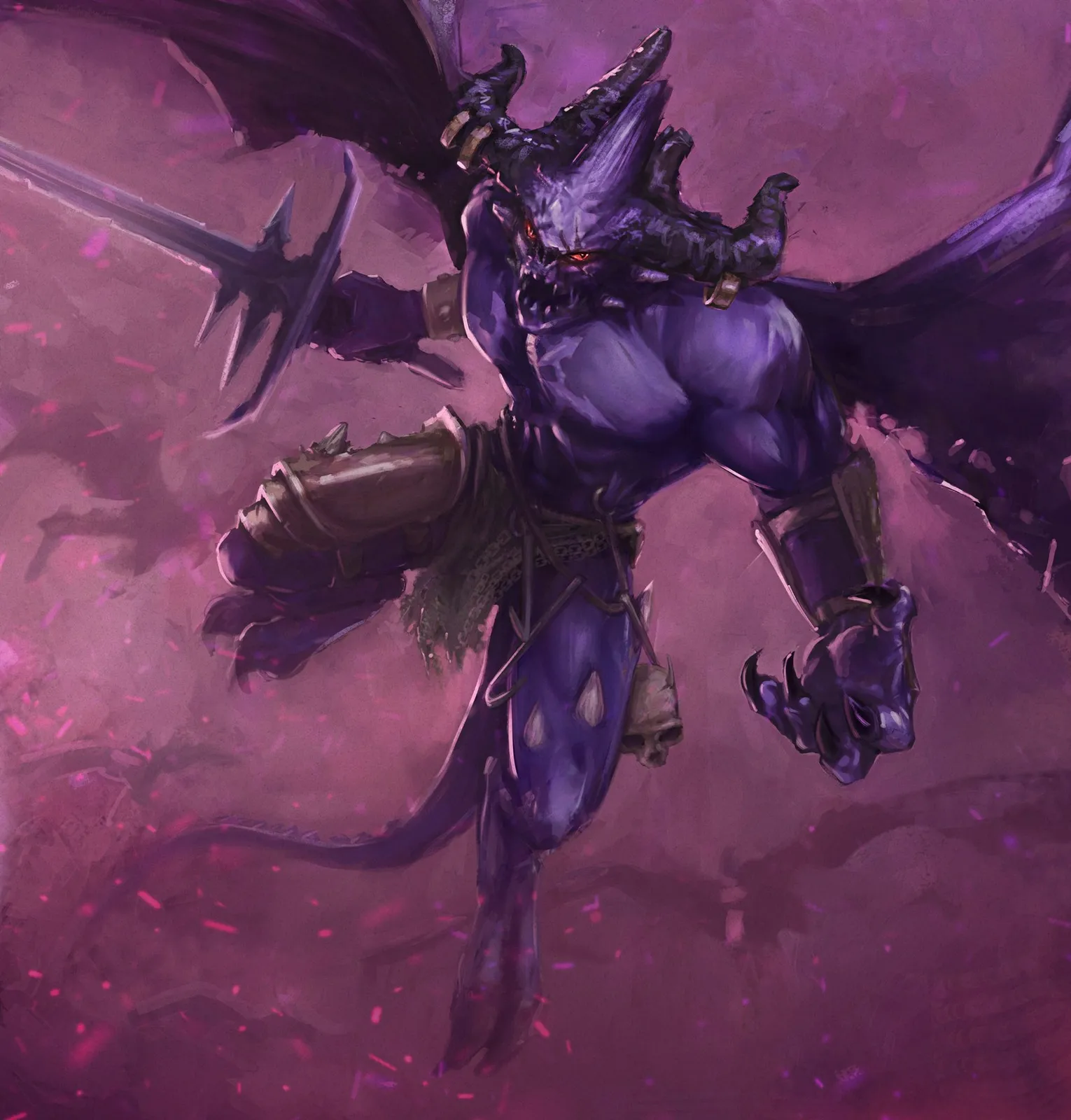Be'lakor, the first Daemon Prince, a winged purple daemon with horns and a sword, leaps forward in a storm of warp light