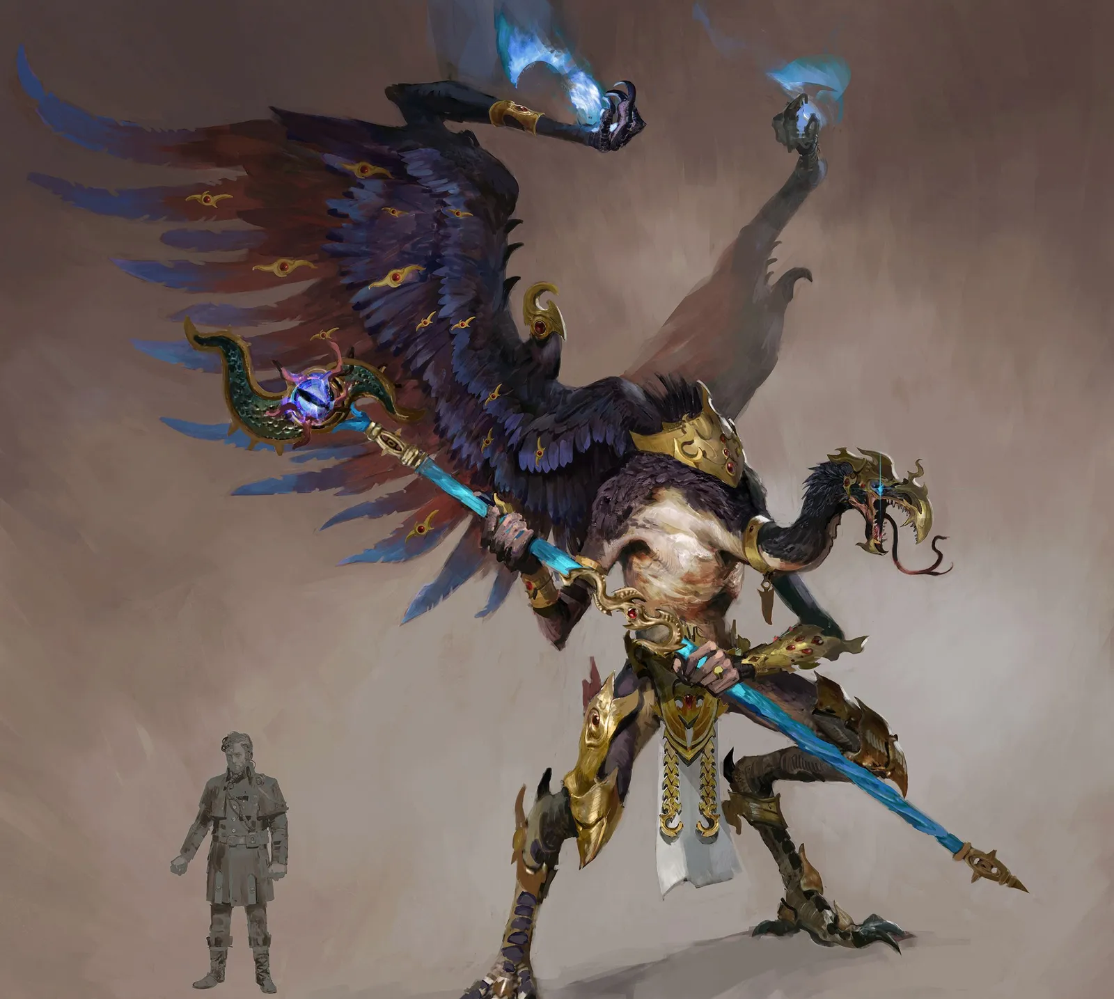 Concept art of a winged, bird-headed greater daemon of Tzeentch with a crystal staff, shown beside a human for scale
