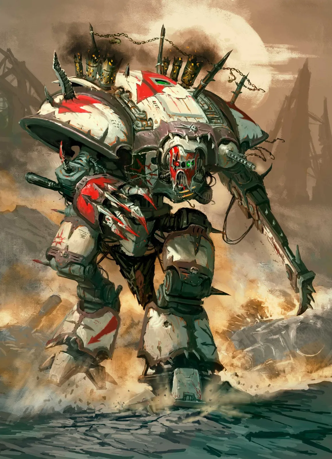 A white and red Knight Rampager with a chain-blade and a spiked fist strides through dust and smoke, its carapace hung with chains