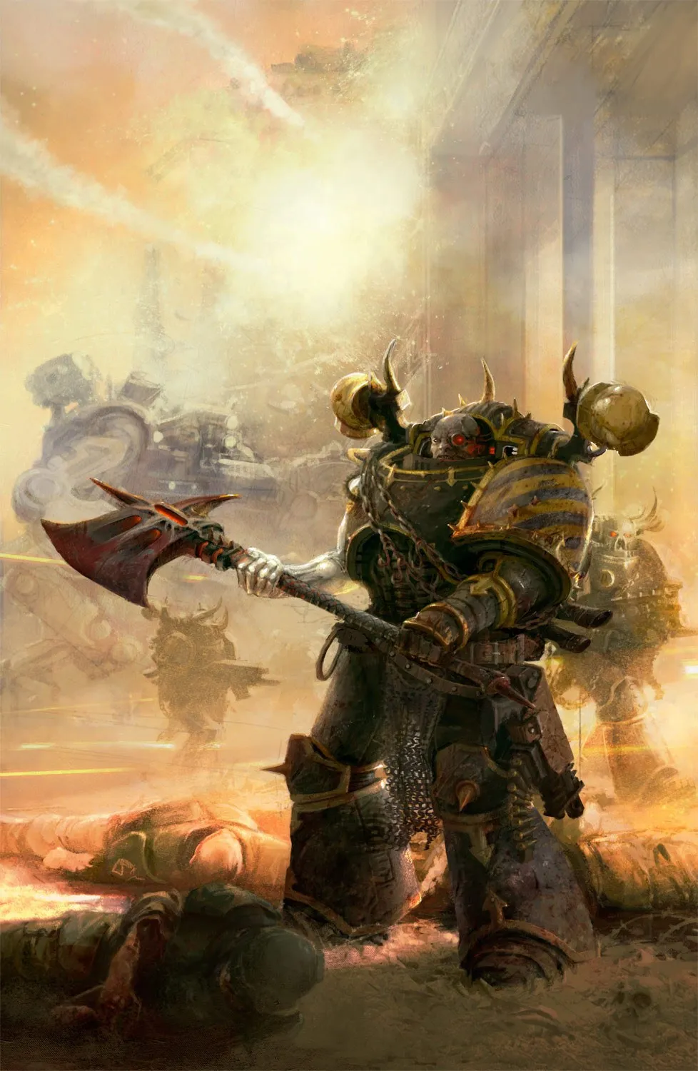 An Iron Warriors Chaos Space Marine with a daemonic axe stands over fallen Guardsmen as siege engines advance through the smoke