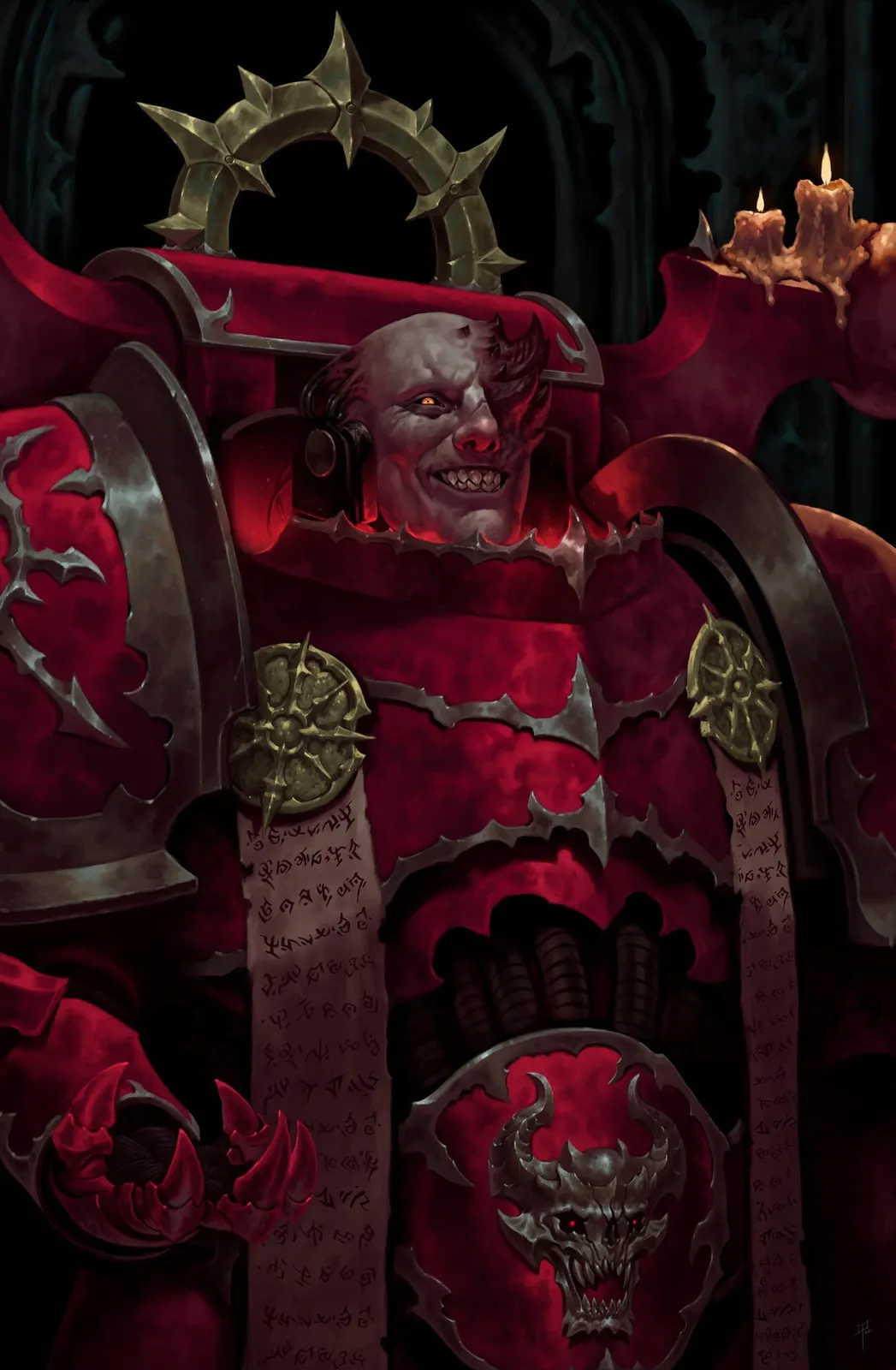 A grinning Word Bearers Dark Apostle in crimson power armor wears a spiked halo and scrolls of dark scripture