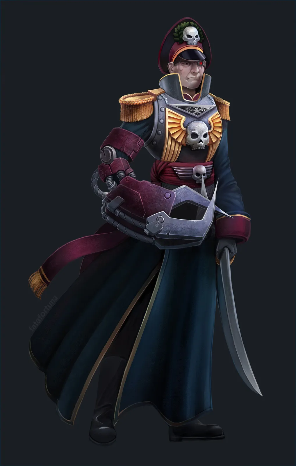 Commissar Yarrick in his peaked cap and greatcoat, with his power klaw arm and a sabre (fan art)