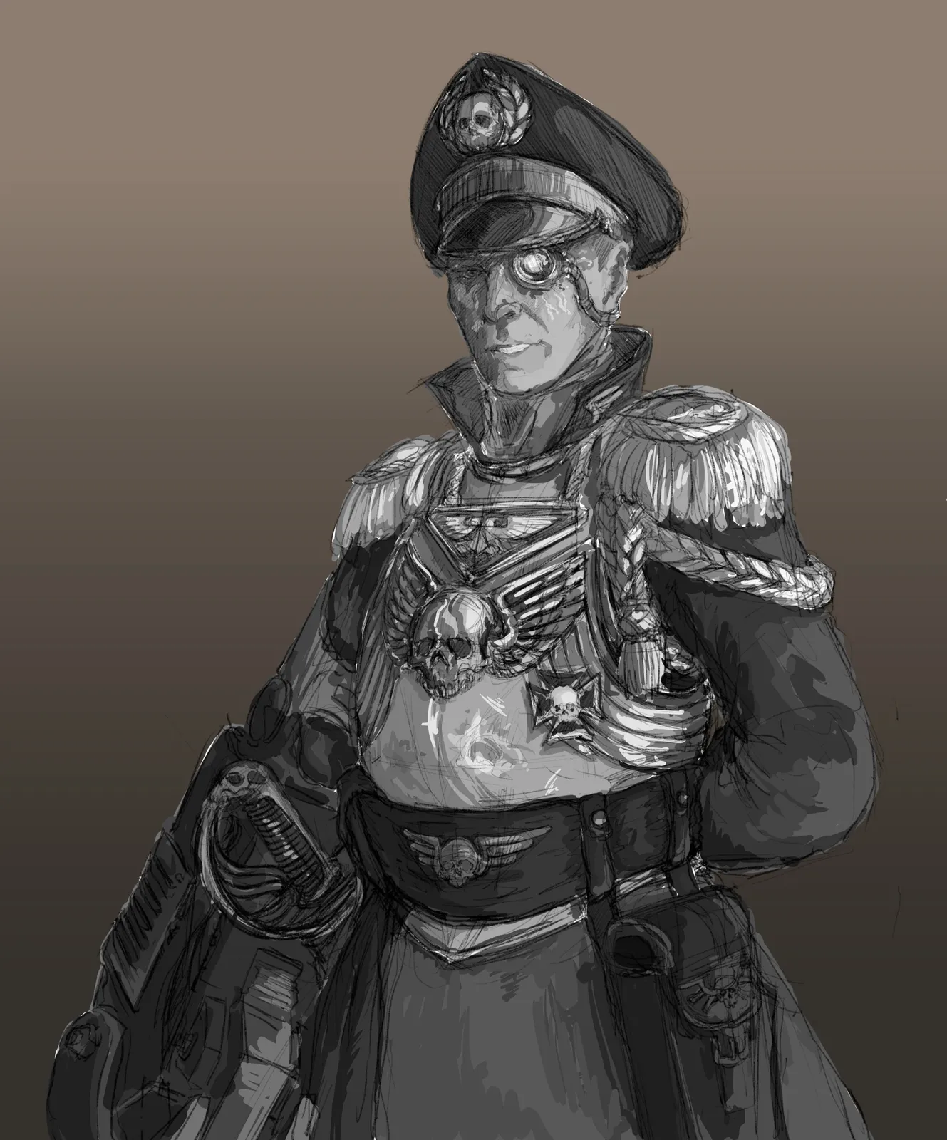 Monochrome portrait sketch of Commissar Yarrick with his bionic eye and medals (fan art)