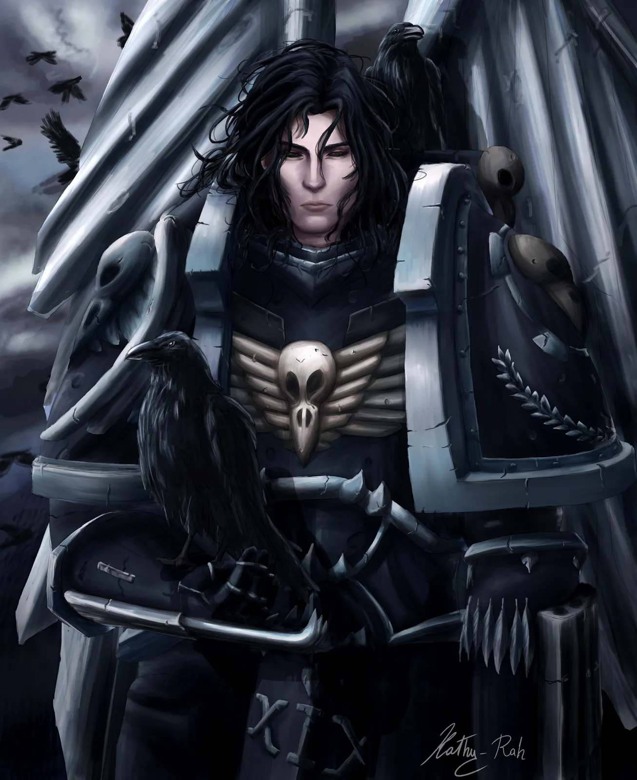 Corvus Corax in black power armor with the white raven skull on his chest, ravens perched on his shoulders and wings behind him
