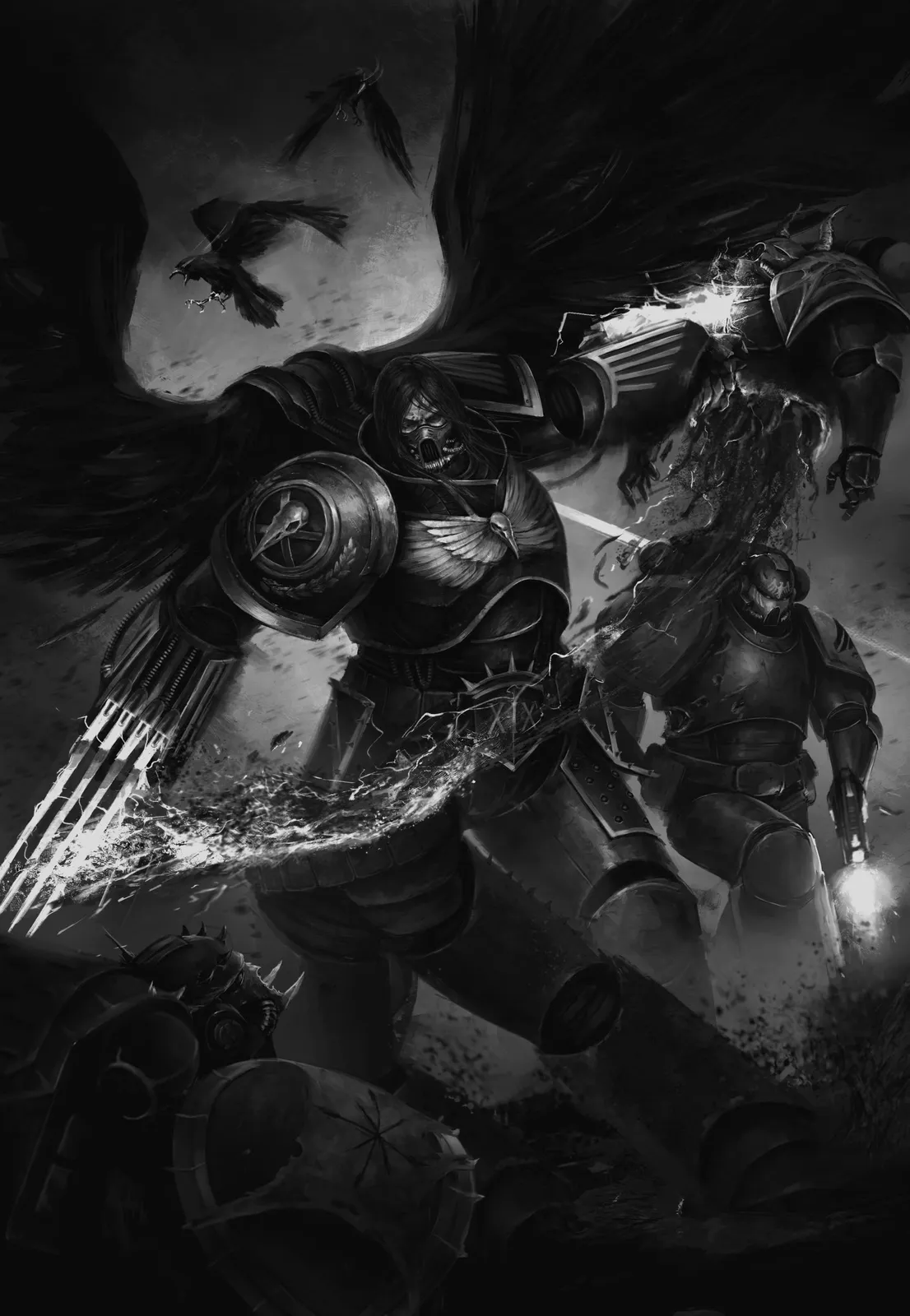 Corvus Corax descends on traitor legionaries with wings spread and lightning claws trailing sparks, ravens wheeling around him