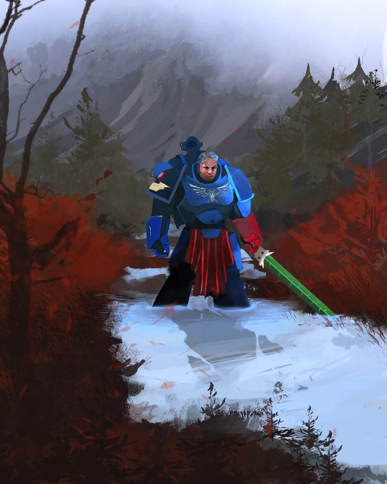 A Crimson Fists Space Marine with his red left gauntlet strides through a snowy forest of crimson foliage, power sword in hand
