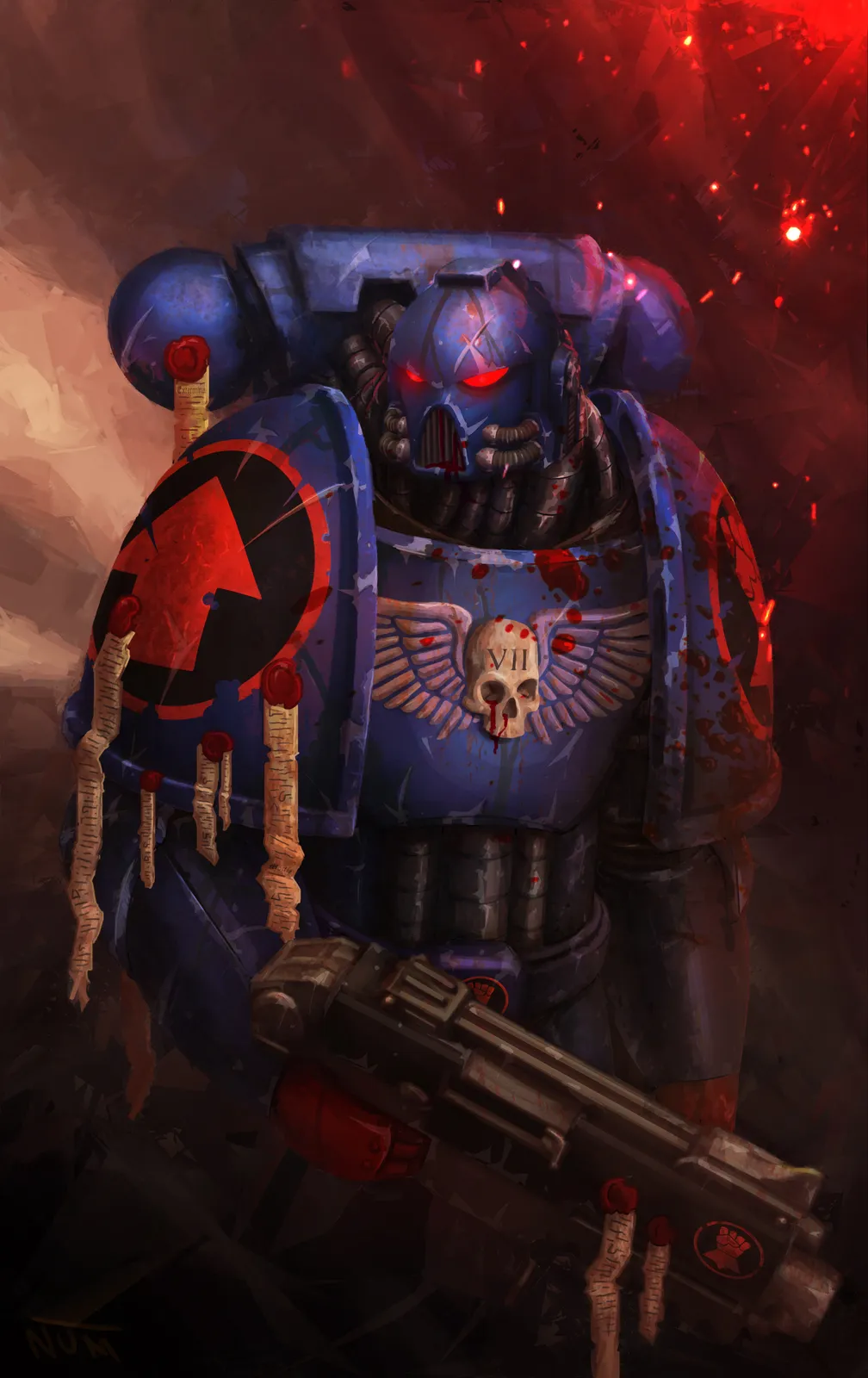 A Crimson Fists tactical Marine in battle-worn blue armor, with purity seals and a bolter