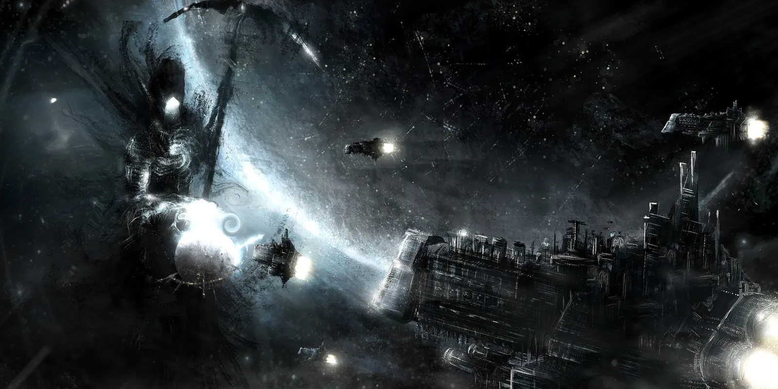 A colossal scythe-bearing C'tan looms over an Imperial fleet in the depths of space