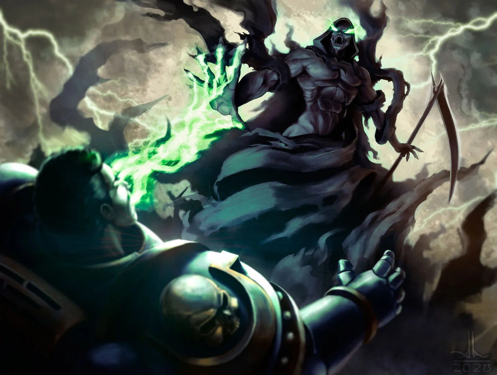 A hooded C'tan with a reaper's scythe drains the life from an armored Space Marine in a storm of green lightning