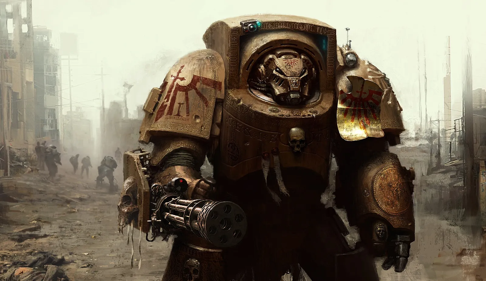 A bone-armored Deathwing Terminator advances through a ruined, dust-choked city