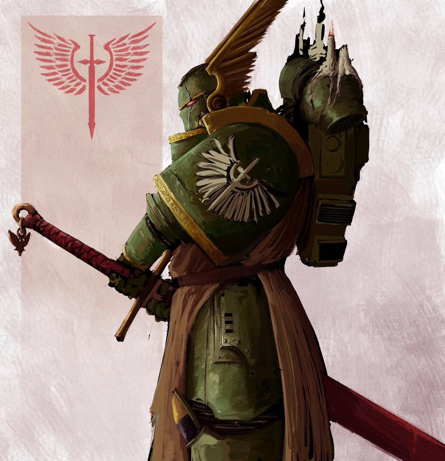 A robed Dark Angels warrior with a heavy blade, before a winged-sword banner