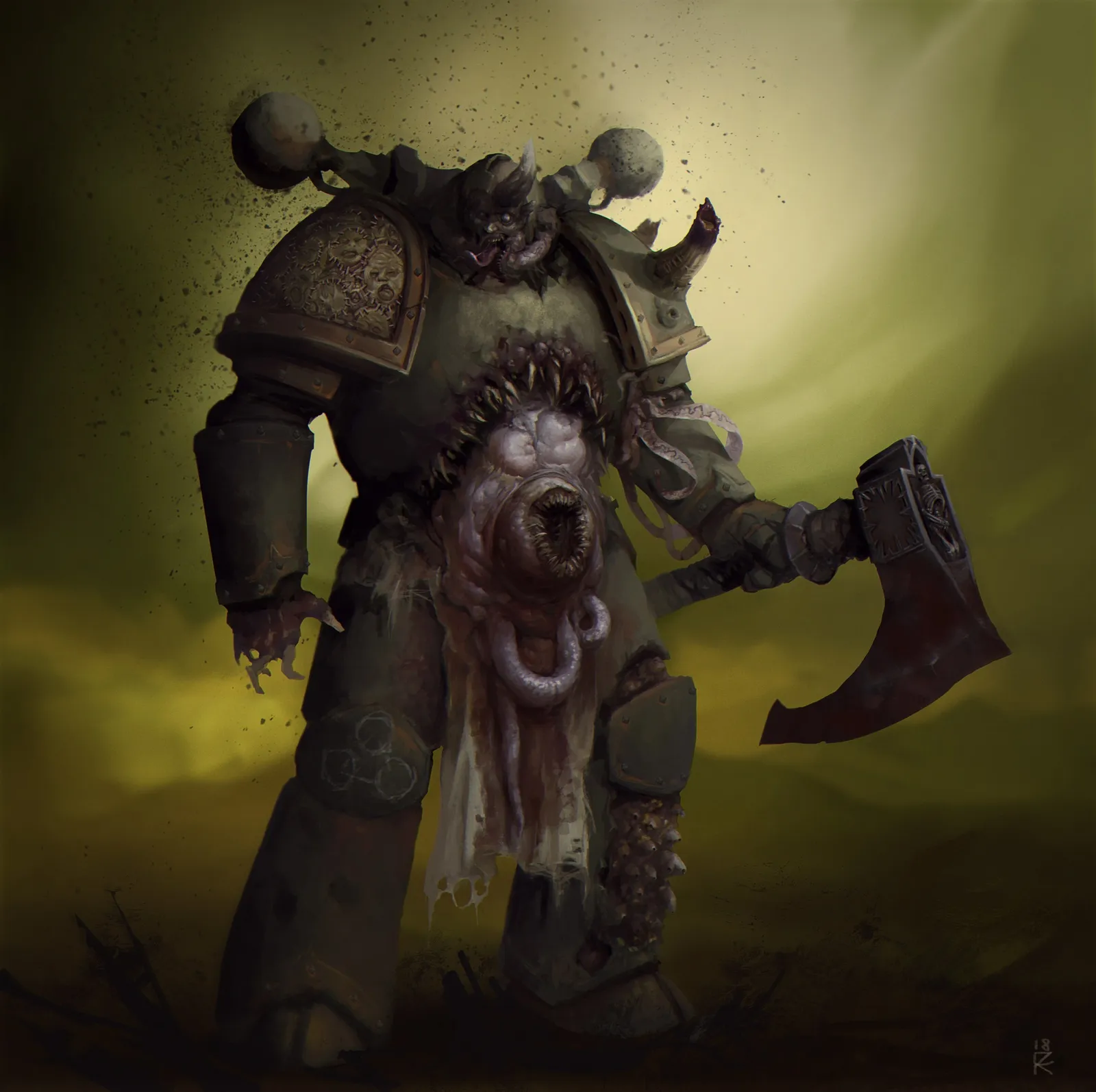 A mutated Plague Marine of the Death Guard with a fanged maw in its belly, carrying a heavy plague cleaver