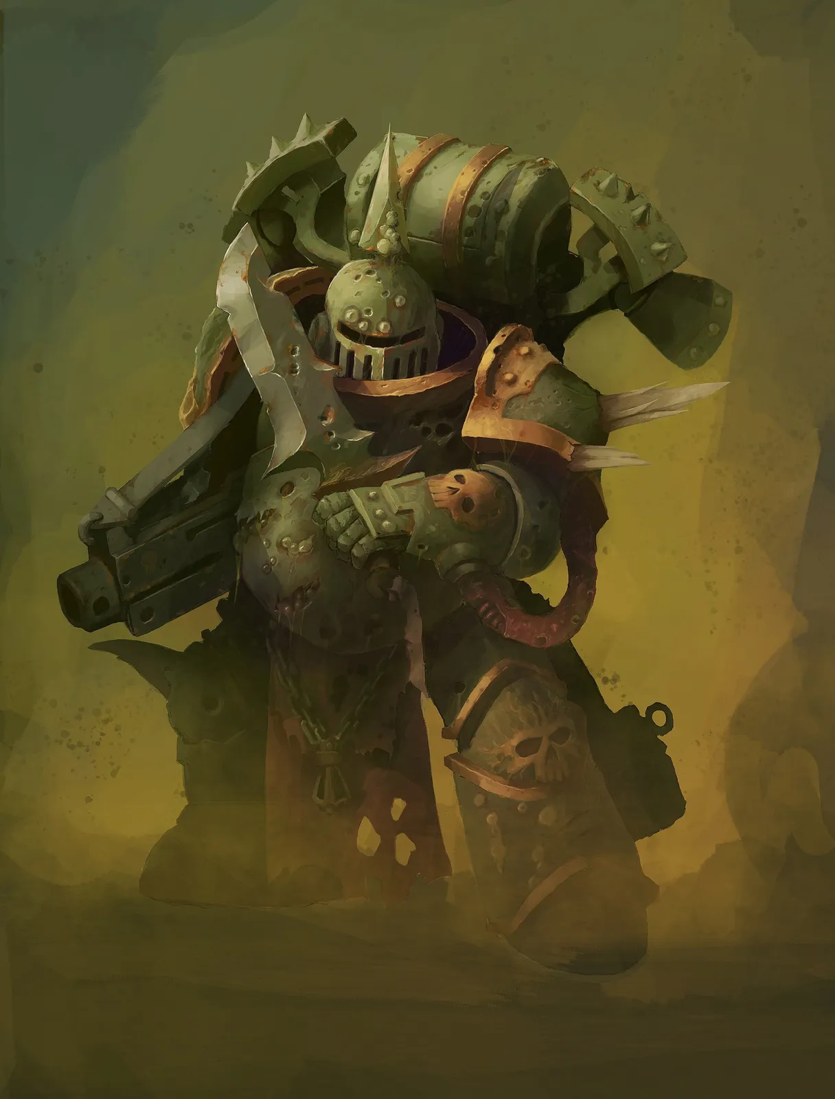 A Death Guard Plague Marine in rusted green power armor advances with a bolter through a sickly yellow haze